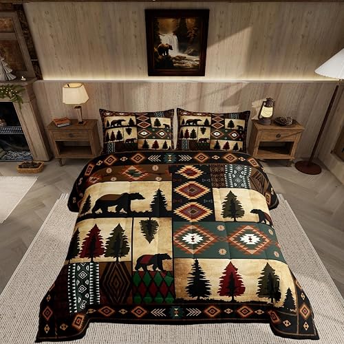 Feelyou Bear Bedding Set Soft for Boys Girls, Rustic Cabin Comforter Set Queen S