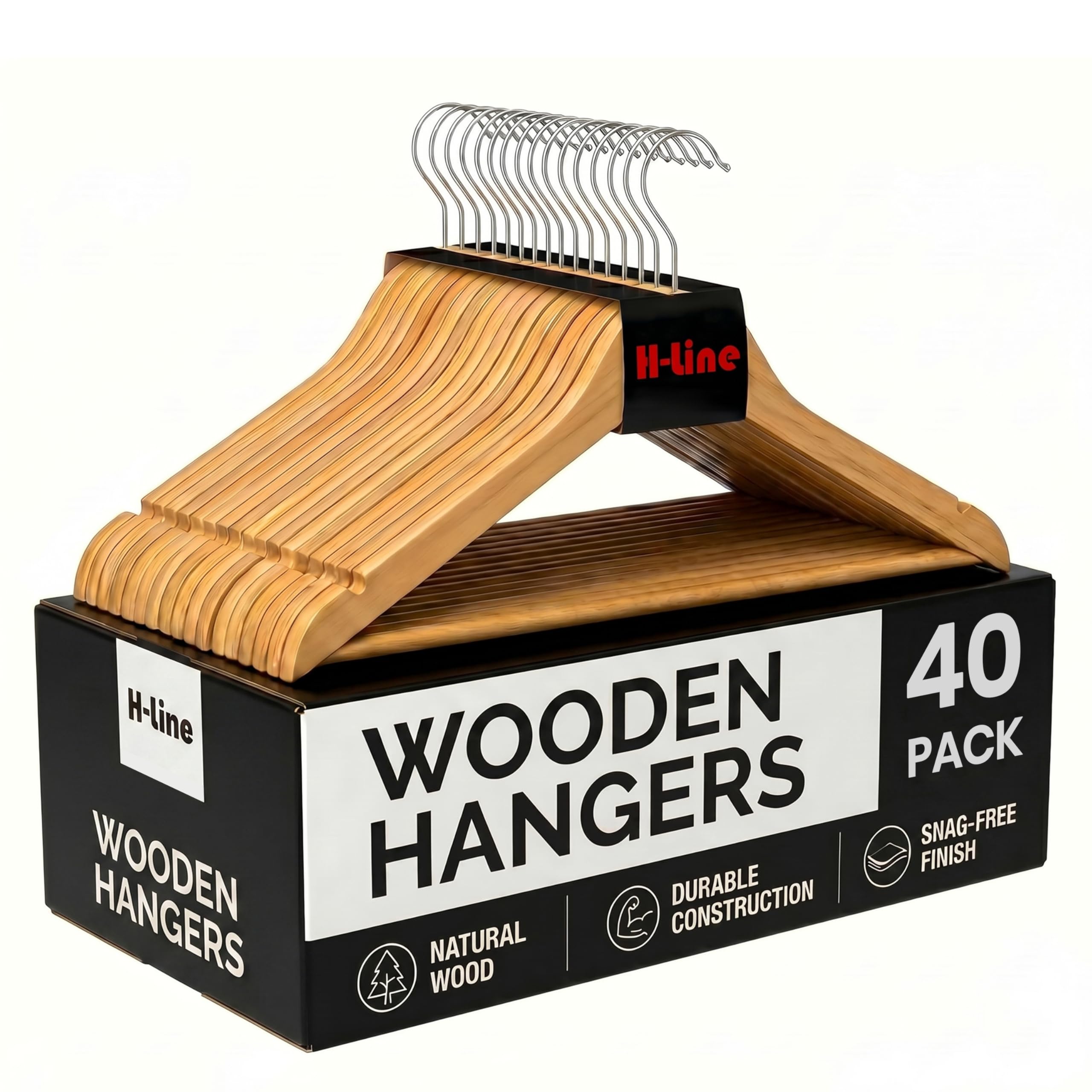 H-Line Natural Wood (Pack Of 40) Wooden Coat Suit Garment Hangers Wood Wardrobe Hanger With Trouser Bar