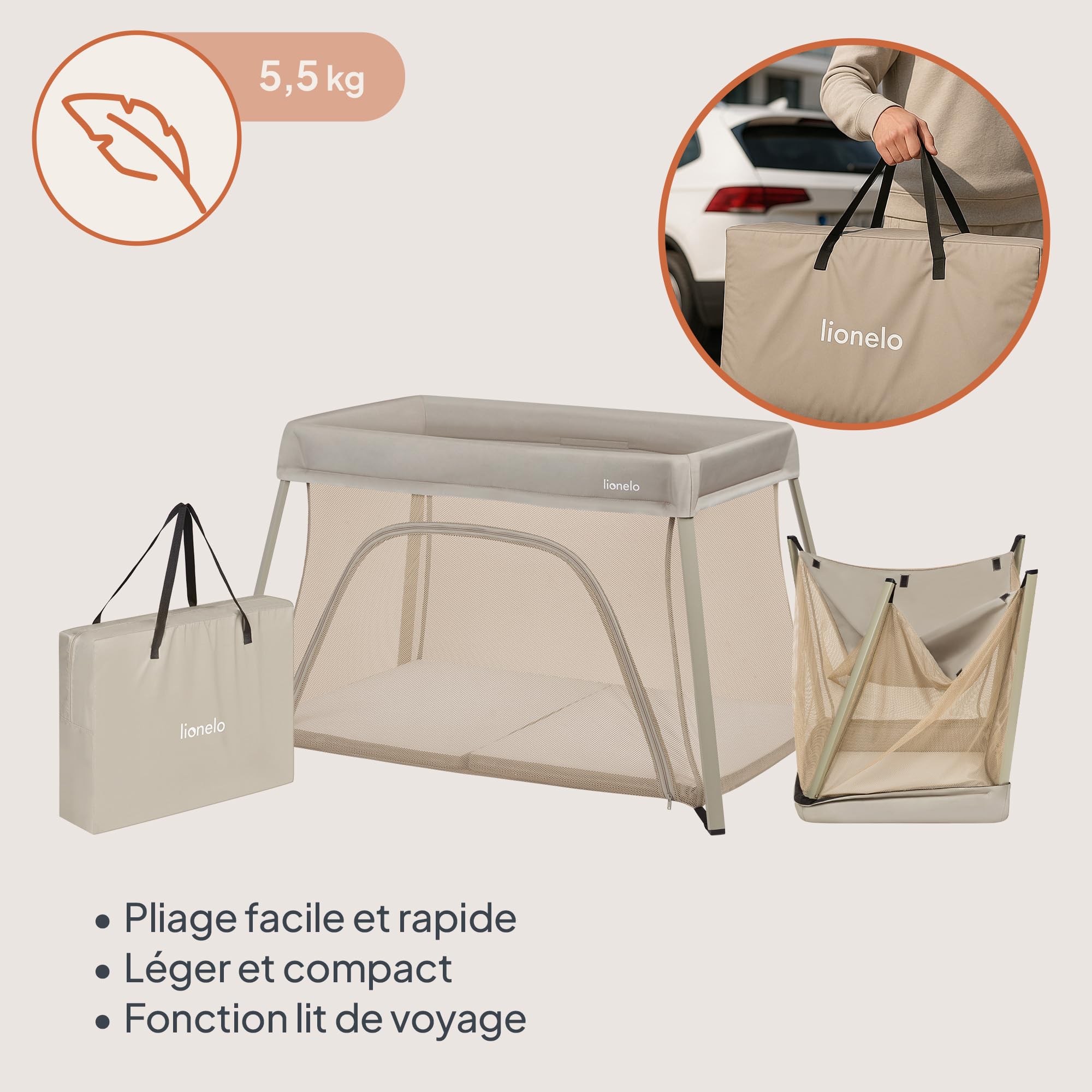 lionelo Lit de Voyage Bébé Parc Enfant 3en1 Alice de 0 à 15 kg Matelas en Mousse, 2 Niveaux de Hauteur, Pliable, Petit, Léger, Entrée Latérale, Sac de Voyage (Beige)