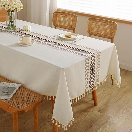 Miniatura 36 de JIALE - Manteles para mesas rectangulares, de lino de algodón, impermeable, sin arrugas, de tela suave con borlas, color beige, 55 x 102 pulgadas
