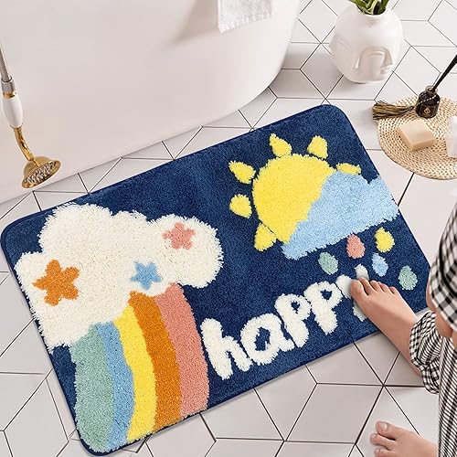 USTIDE Bonita alfombra de baño con diseño de nubes felices para niños, tapete de baño antideslizante absorbente de agua para niños, tapete suave