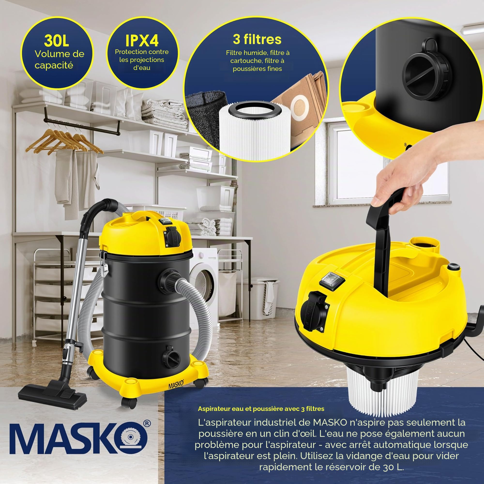 Masko Aspirateur Industriel 6IN1 2300 W Eau et Poussière Soufflage Sec Humide