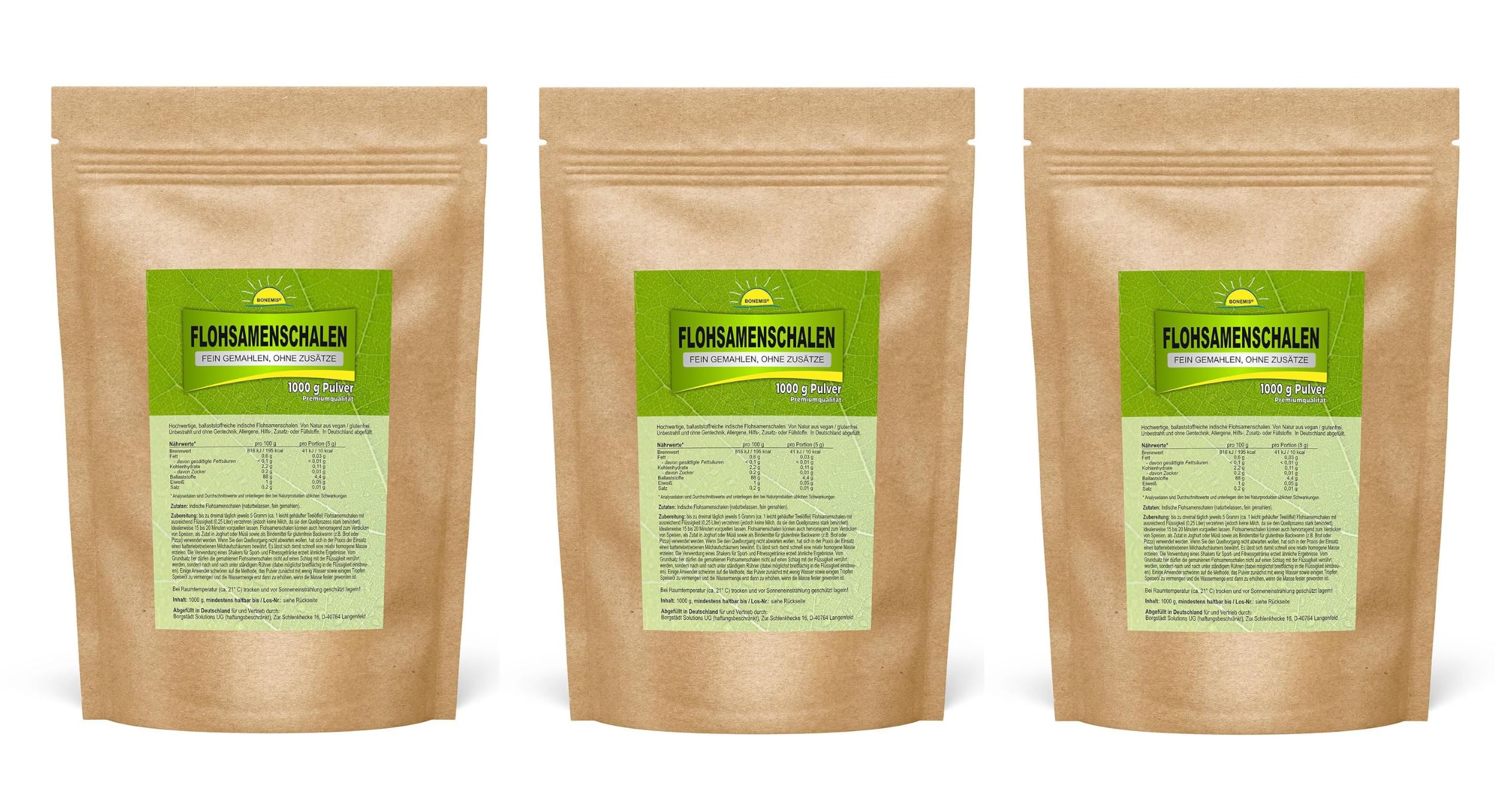 Flohsamenschalen, fein gemahlen, naturrein, 3 x 1 kg, ohne Zusatzstoffe