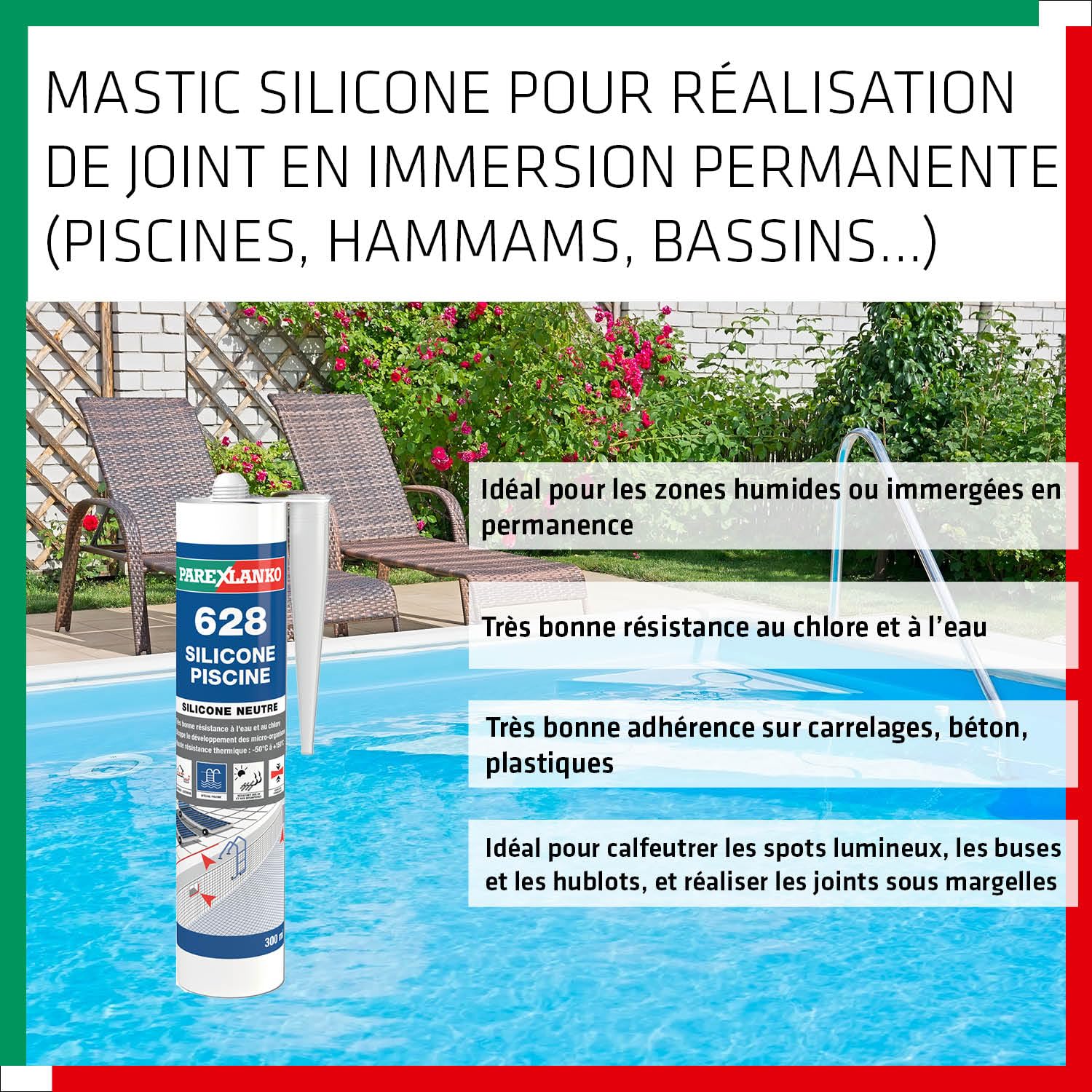 PAREXLANKO - Mastic silicone piscine - 628 Silicone Piscine Gris - Réalisation de joint en immersion permanente (piscines, hammams, bassins...) - Résistance au chlore et à l’eau de mer - 300ml