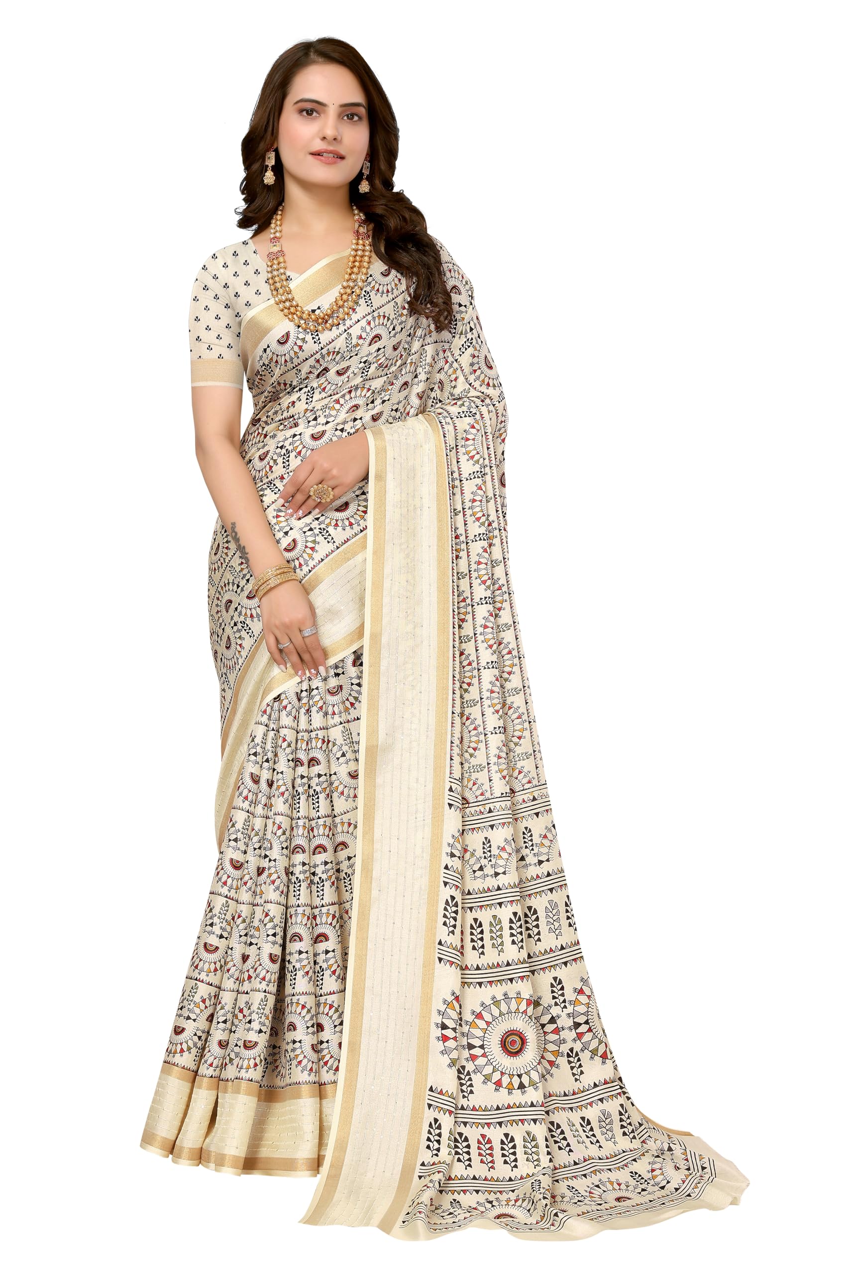 FABMORA Women's Designer Warli Printed Cotton Blend Saree With Blouse Piece