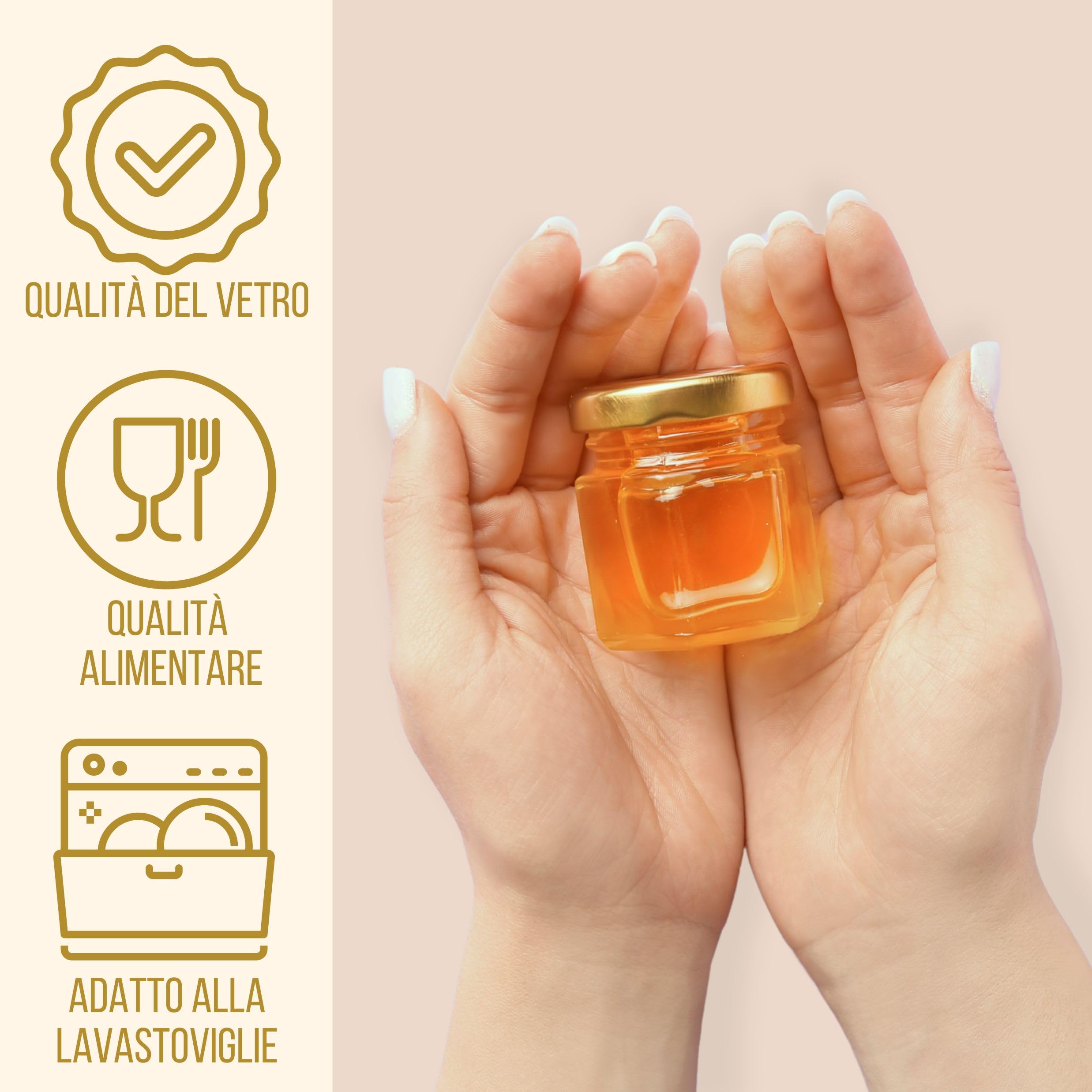 Luna & Dina Set di 50 mini vasetti di miele in vetro con coperchio dorato, cucchiaino per miele, ape, etichetta, spago, sacchetto in organza, adesivi, regalo per gli ospiti di nozze (Premium)