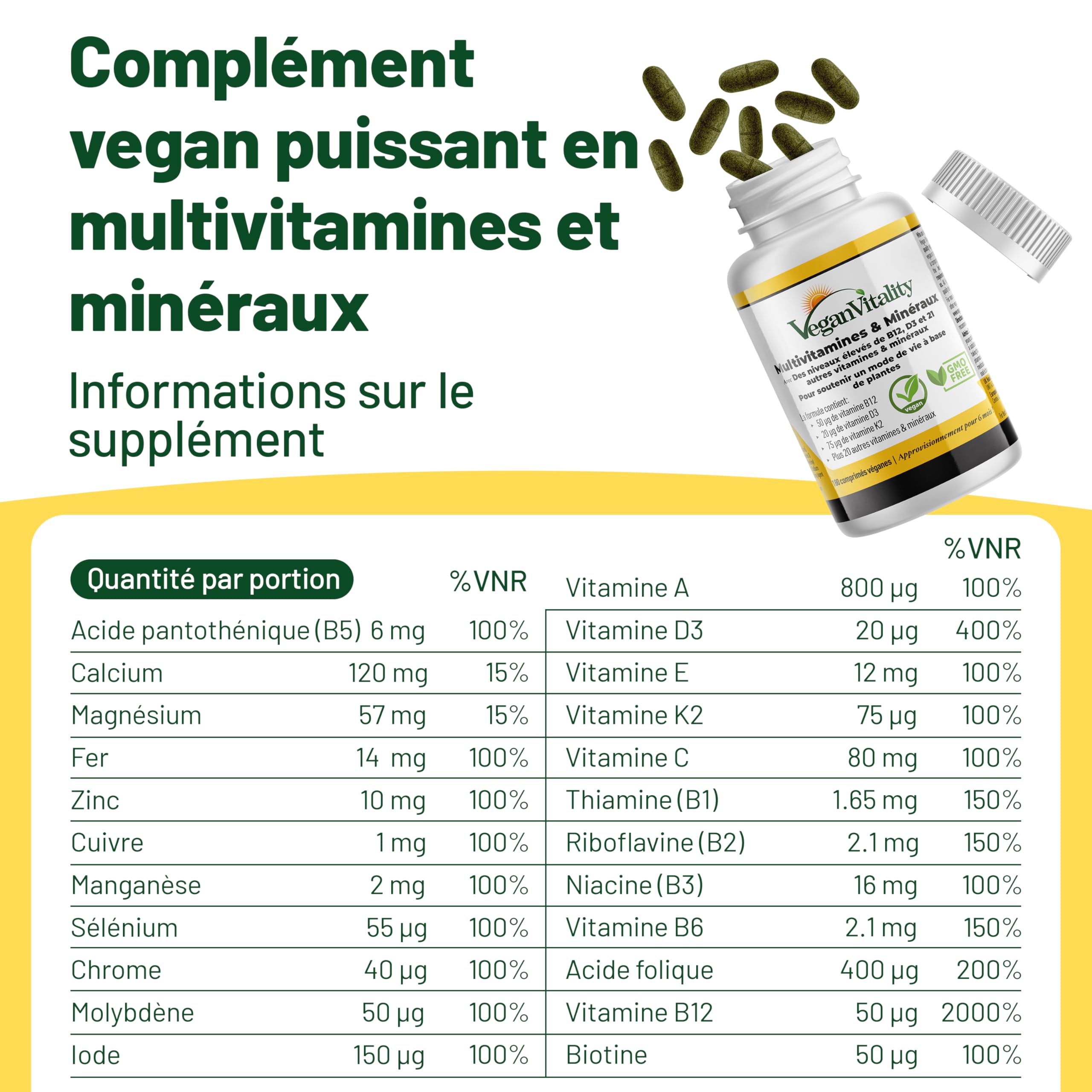Multivitamines et minéraux vegan – Source renforcée de vitamine C, vitamine k2, B12 et fer - 180 pilules vegan multivitamines. 6 mois de complément alimentaire vegan & végétarien