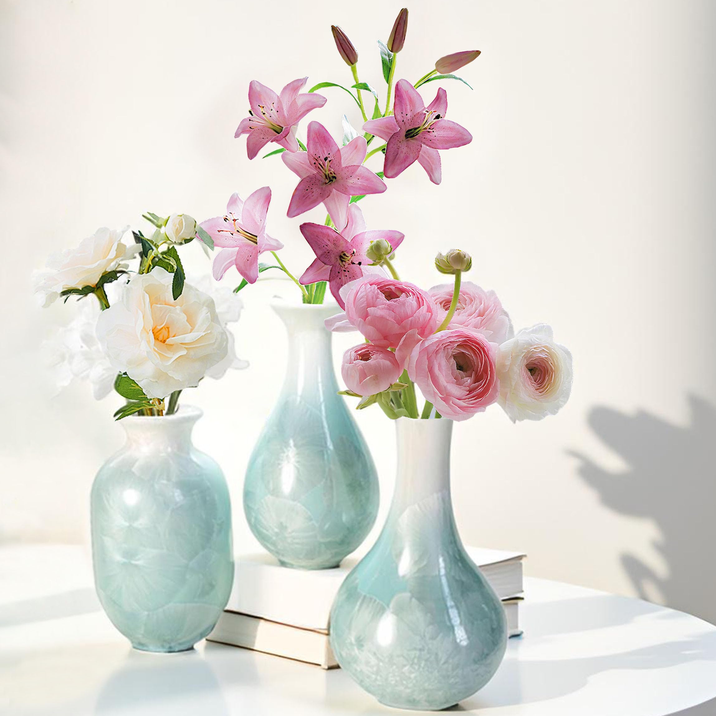 Artisoul® Jarron decorativos Juego de 3 jarron ceramica pequeños diseño estético jarrón para cocinas de flores dormitorios oficinas salas de estar baños y centros de mesas decoracion hogar, azul verde