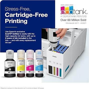 Epson EcoTank ET-2850 Wireless Color All-in-One Supertank Inkjet Printer, White - Print Scan Copy - 10 ppm, 4800 x 1200 dpi, Auto 2-Sided Printing, Voice-Activated
