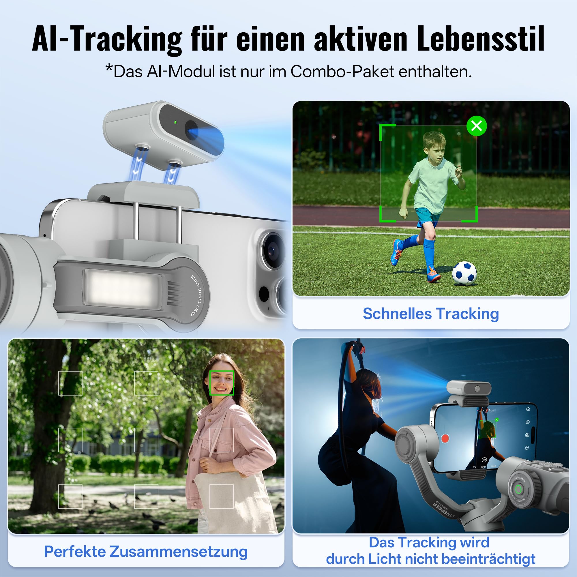 ZHIYUN CINEPEER Smooth 5E Combo Smartphone Gimbal, Intelligentes AI Tracking, Integriertes & Magnetisches Fülllicht, 3 Achsen Gimbal, Intelligente Bearbeitung, Apple Watch Fernbedienung