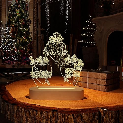 Miniatura 9 de Tres corazones sagrados, regalos católicos para mujereshombres, corazones de Jesús, luz nocturna, regalos de fe para Navidad, devocional diario,