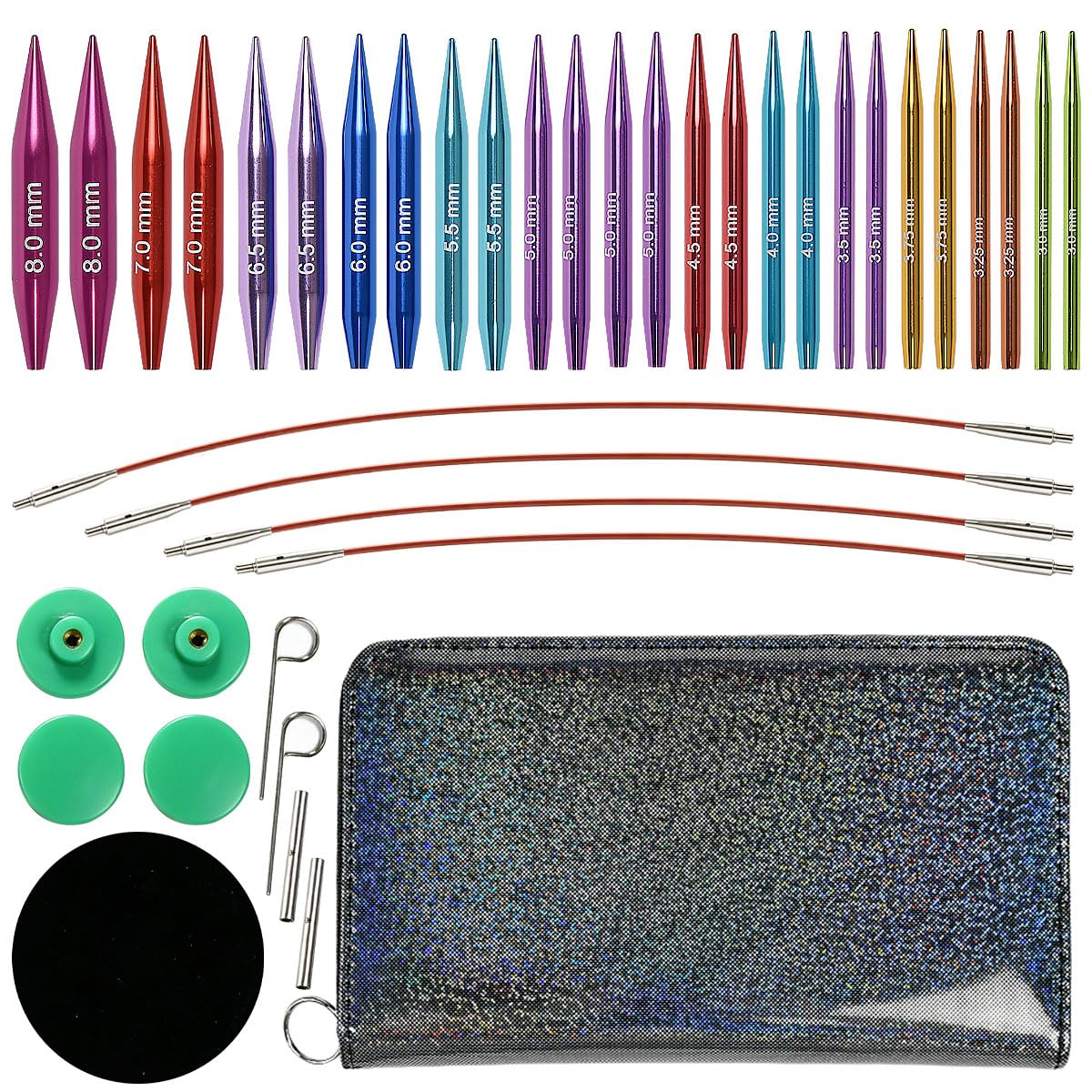 EAAGHK Austauschbares Rundstricknadel-Set mit 12 Paar Kurze Rundstricknadeln Set Austauschbar(5,5 cm) in den Stärken 3-8 mm Austauschbar Stricknadeln Set mit 4 Kordeln 15–55 cm lang, Tasche, Zubehör