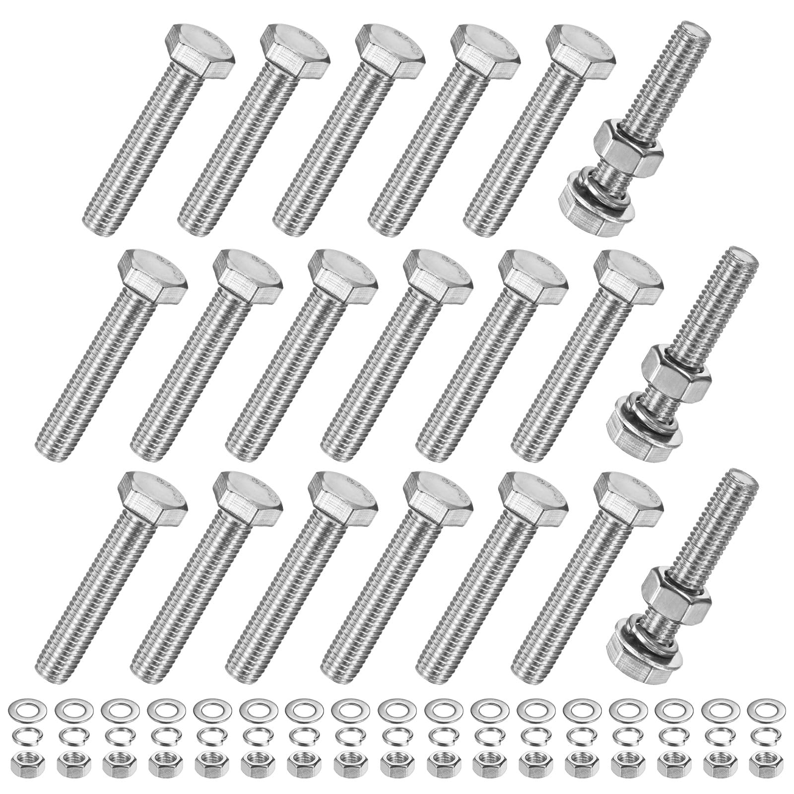 M METERXITY 20-Pack Hex Head Screw Bolt with Nuts Flat & Lock Washers M10x55mm Stainless Steel Bolts and Nuts Kit Fully Threaded Metric Bolt Assortment for Equipment/Machinery