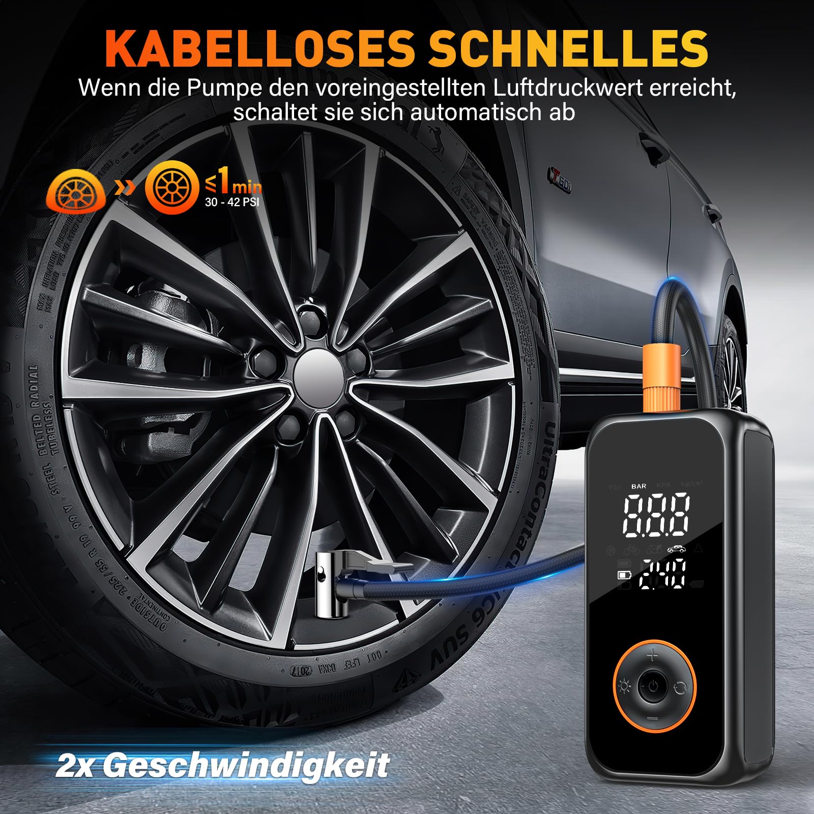 Onherm Compresseur à Air Portatif, 6000mAh Gonfleur Pneus Voiture sans Fil, Electrique Pompe mit écran LCD Numérique,150PSI, Type-C Charge avec Lampe LED pour Voiture, Moto, Vélo, Balle