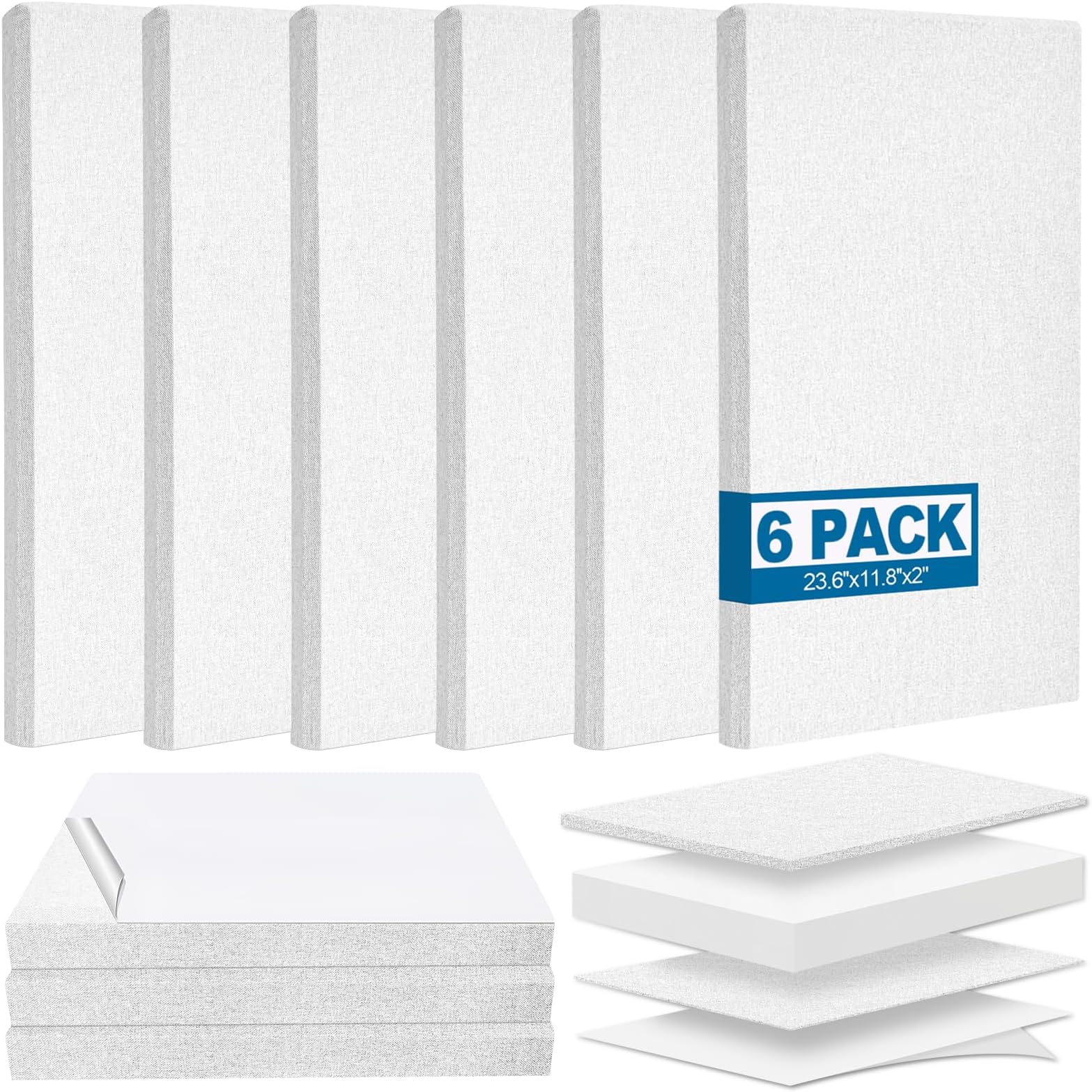 6 PCS Acoustic Panels, Large Soundproof Wall Panels, 2" Thick Fiberglass Sound Absorbing Panels, 23.6x11.8 Inches Sound Proof Foam Panels for Walls, Studio Home Offices (White)
