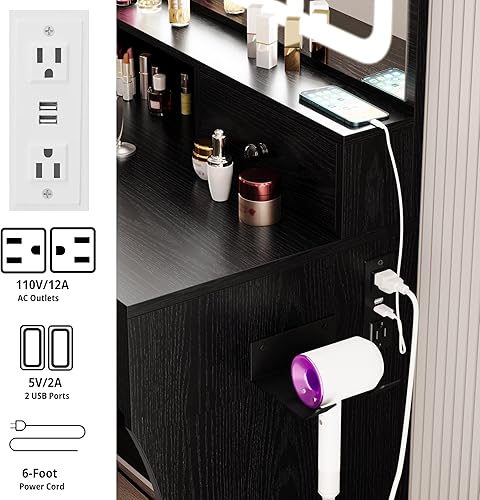 Miniatura 12 de LIKIMIO Escritorio de tocador con espejo iluminado LED, toma de corriente y 4 cajones, juego de mesa de maquillaje con taburete de almacenamiento y