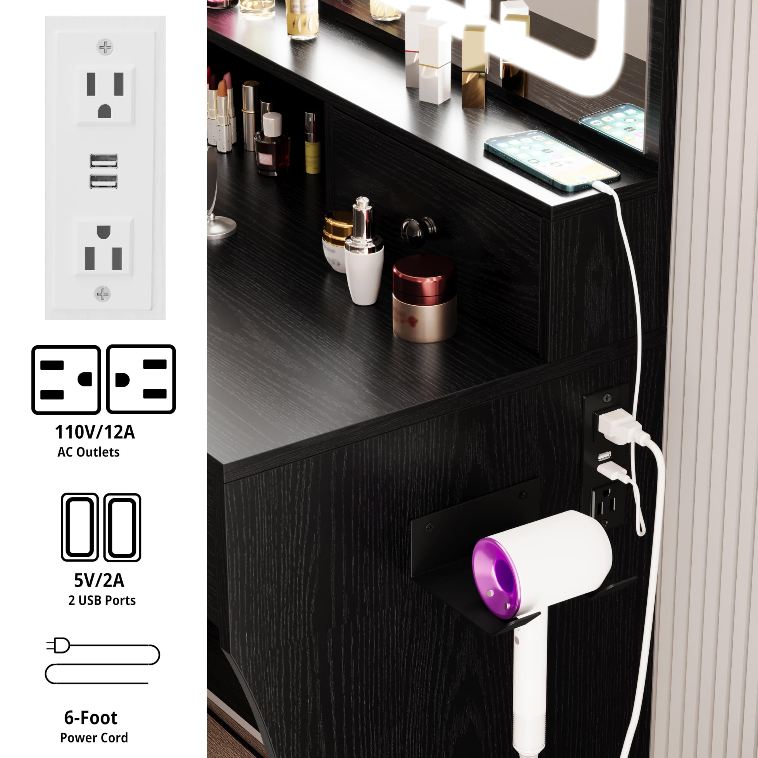 Toeletta LIKIMIO Con Specchio LED E 4 Cassetti - Marrone Vintage Con Sgabello