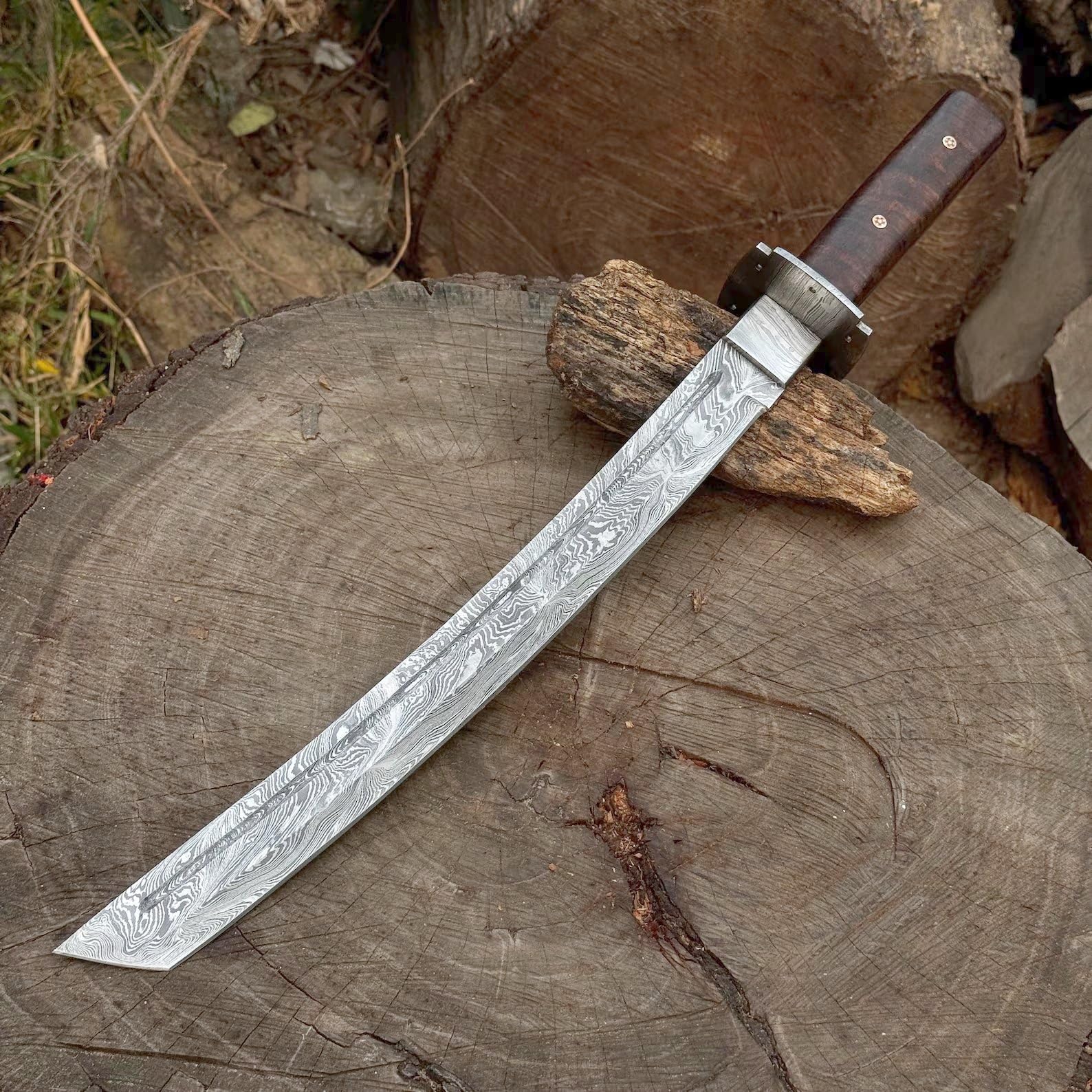 Jagdmesser Im Katana-stil Aus Damaszenerstahl, 20 Zoll Lange Klinge Mit Durchgehendem Erl Und Blutrinne, Holzgriff, Lederscheide, Camping- Und Überlebensmesser