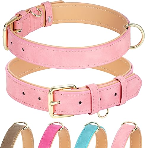 Leather Dog Collar for Large Dogs, Soft Padded Dog Leather Collar with Heavy Duty Gold Buckle, Durable & Comfortable, Pink, L
