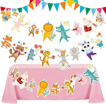 Yungyan Animal Parade Party Banner Set with 16 Pcs 8-12 Animal 24 Pcs Colorful Pennant Banner Flag 10 Zoo Parade Birthday Party Decorations Happy Birthday Garland for Zoo Carnival Decoration Supply
