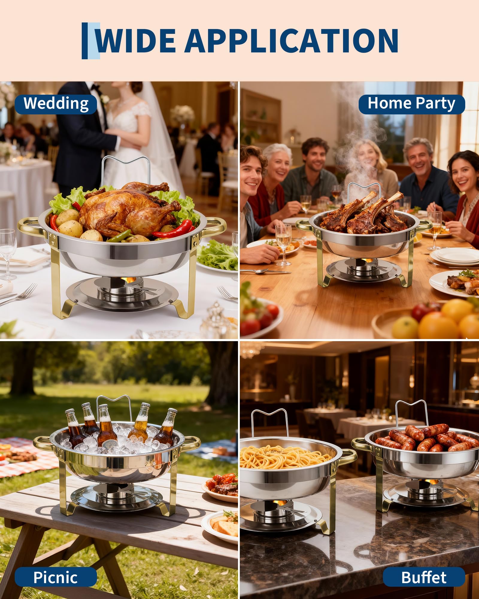 Set di 4 Chafing Dish Rotondi in Acciaio Inox 5/6QT - Coperchio in Vetro Visibile - Perfetti per Buffet, Catering, Feste - Bordo Dorato - Set Quattropezzi Pezzi Gold Edge
