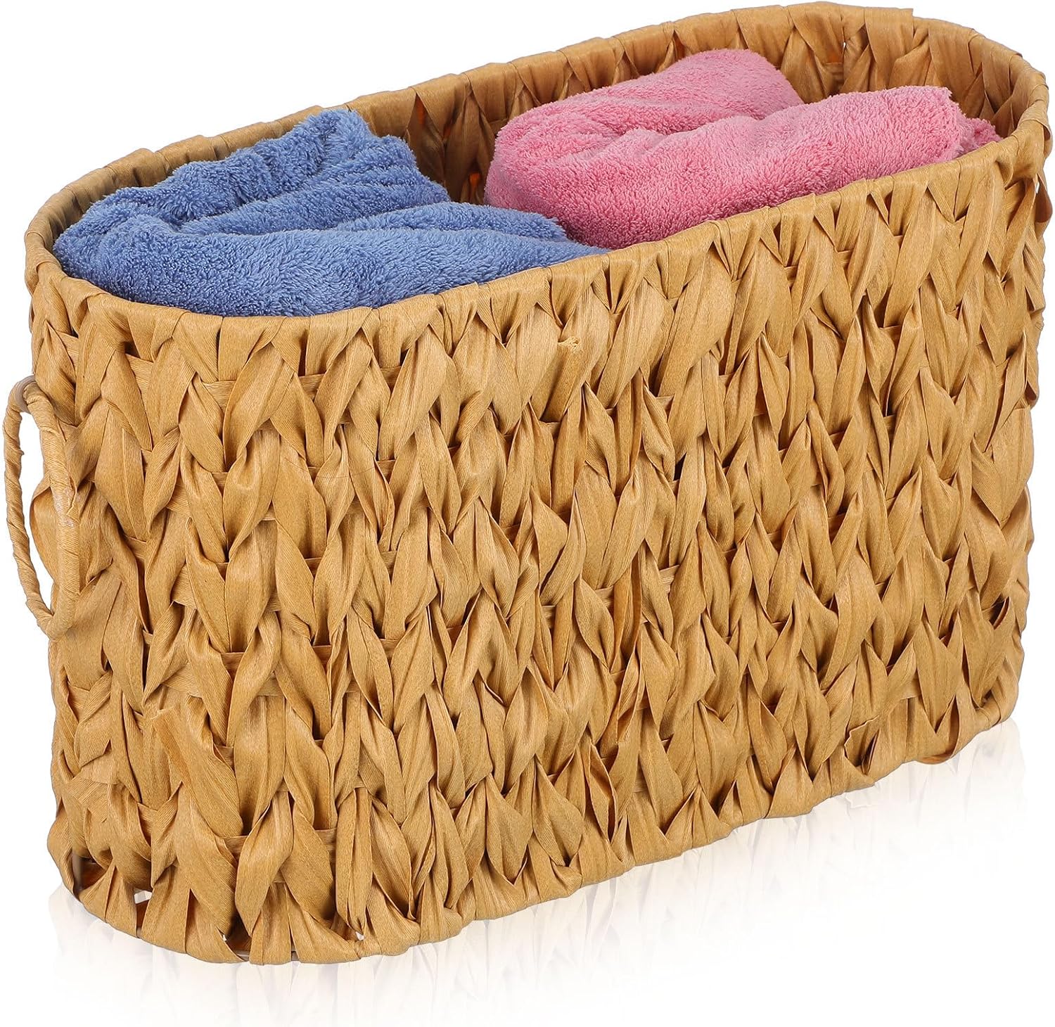Toilet Paper Storage Basket with Handles, Rope Woven Rattan Style Organizer in Linen Color, Small Bathroom Toilet Roll Holder for Home, Office, and Rv Use
