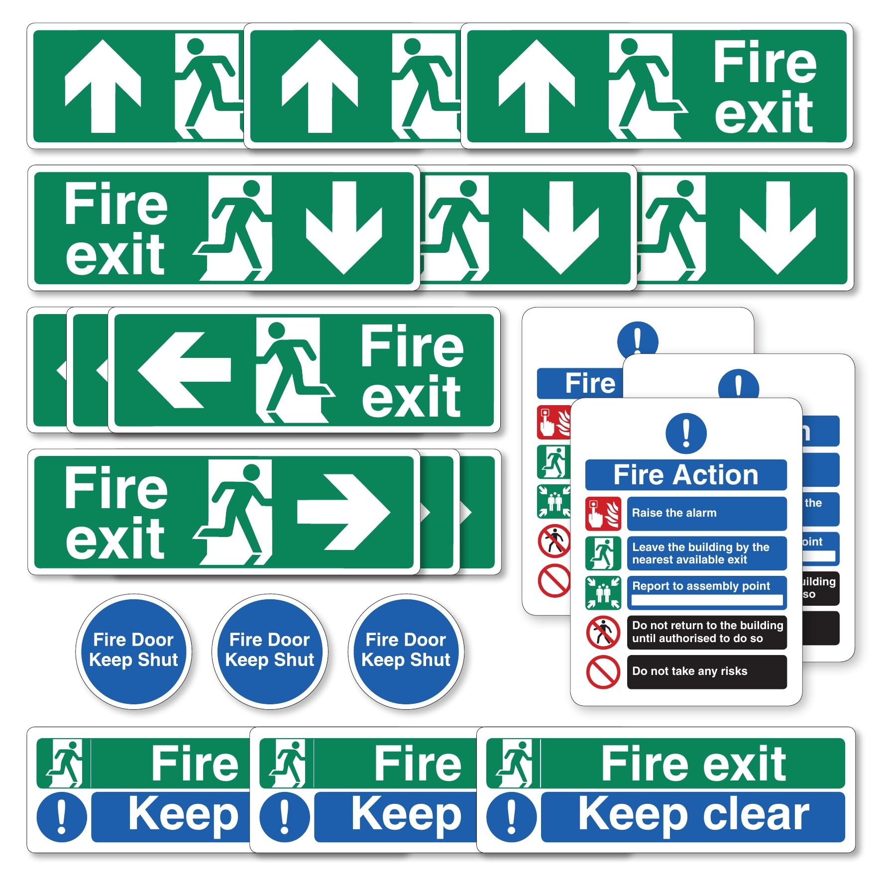 Fire Exit Sign Kit, 21 Pack, with Directional Arrows, Self-Adhesive, for Offices, Warehouses, Schools, Indoor and Outdoor Use