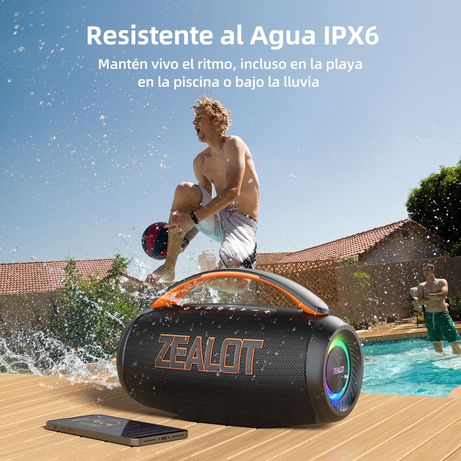 Zealot Altavoz Portátil con Potente Sonido 60W, Luces Led y Bluetooth 5.3, Resistente al Agua IPX6 para Exterior, Sonido Estéreo, 20H de Duración de La Batería, Negro