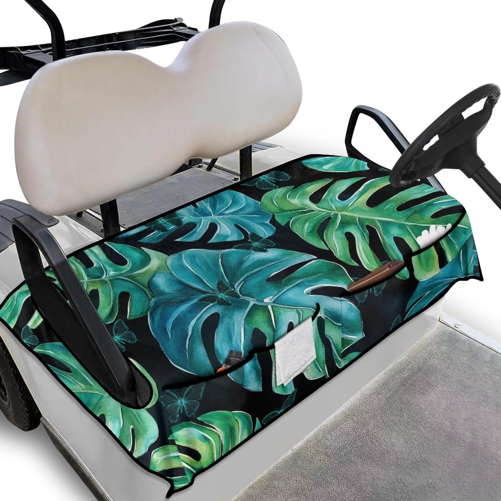 Biyejit Tropical Leaf Golf Cart Seat Covers with 2 Pockets Portable Golf Cart Seat Towel EZGO Golf Cart Seat Cover for Club Car Travel Sports Shown Stay Cool