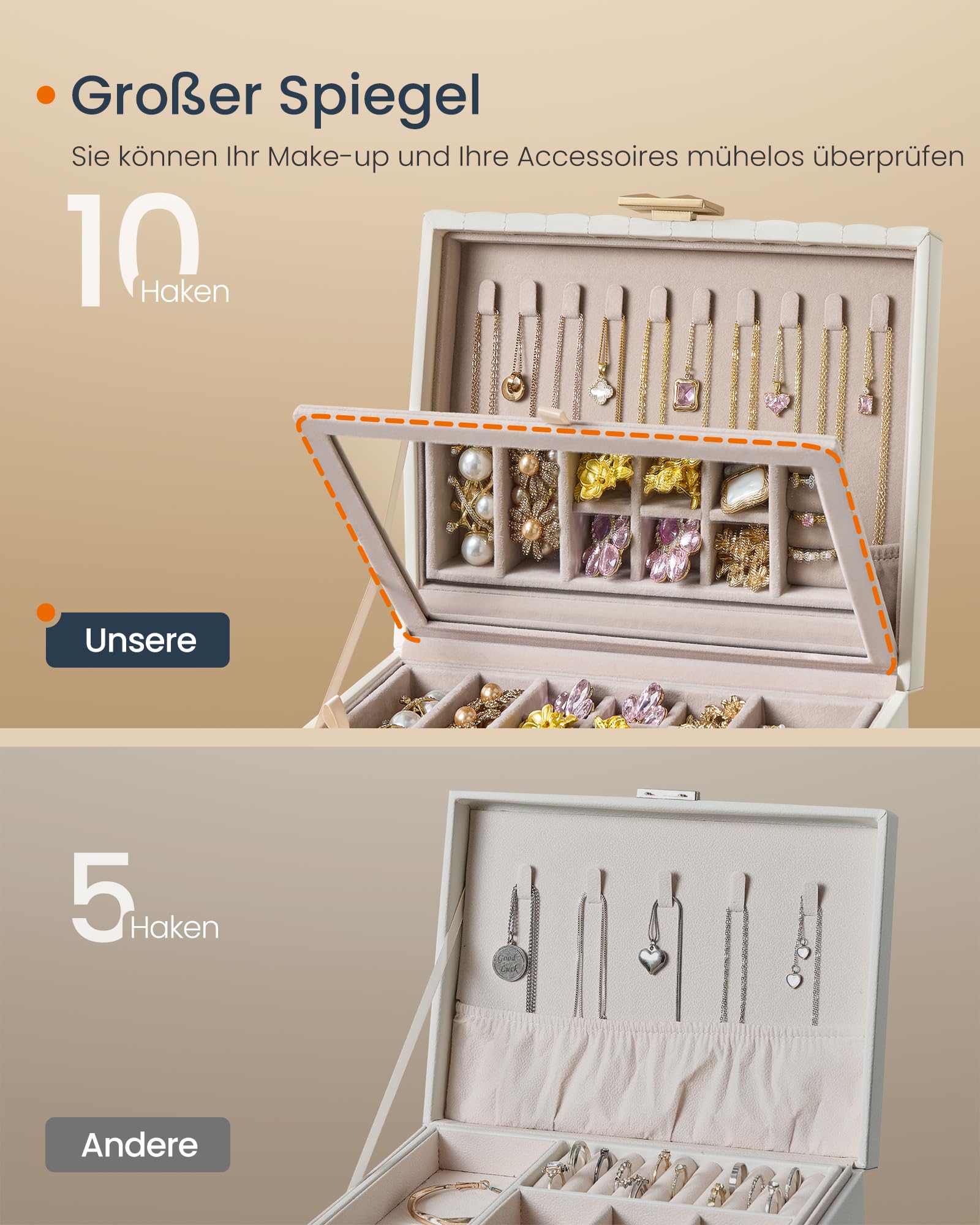 SONGMICS HOME ANAH Kollektion - Schmuckkästchen 2 Ebenen, 2er Set, Schmuckbox mit Spiegel, Schmucktablett herausnehmbar, PU mit Nähten, Schwebe-Effekt, 21,5 x 24 x 13,5 cm, wolkenweiß JBC182W01-2J
