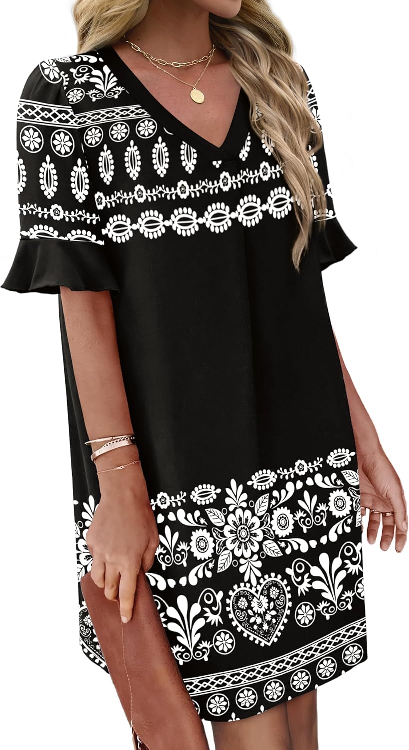 OFEEFAN Summer Dresses for Women Ruffle Short Sleeve V Neck Casual Shift Dress with Pockets - Image 3