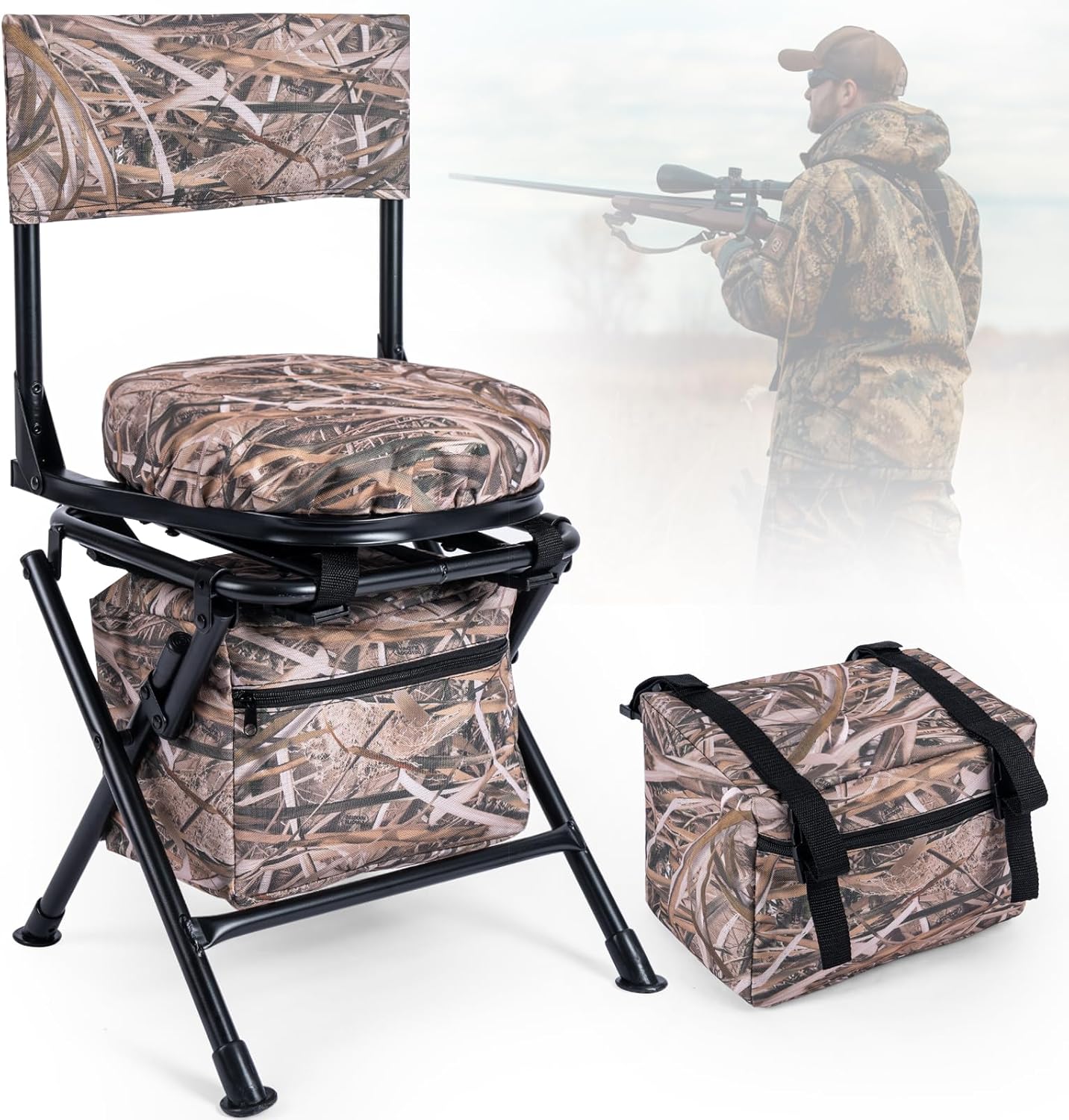 360 Degree Swivel Hunting Chair for Ground Blinds, Folding Hunting Seat, Fishing Chair, Lightweight, Portable