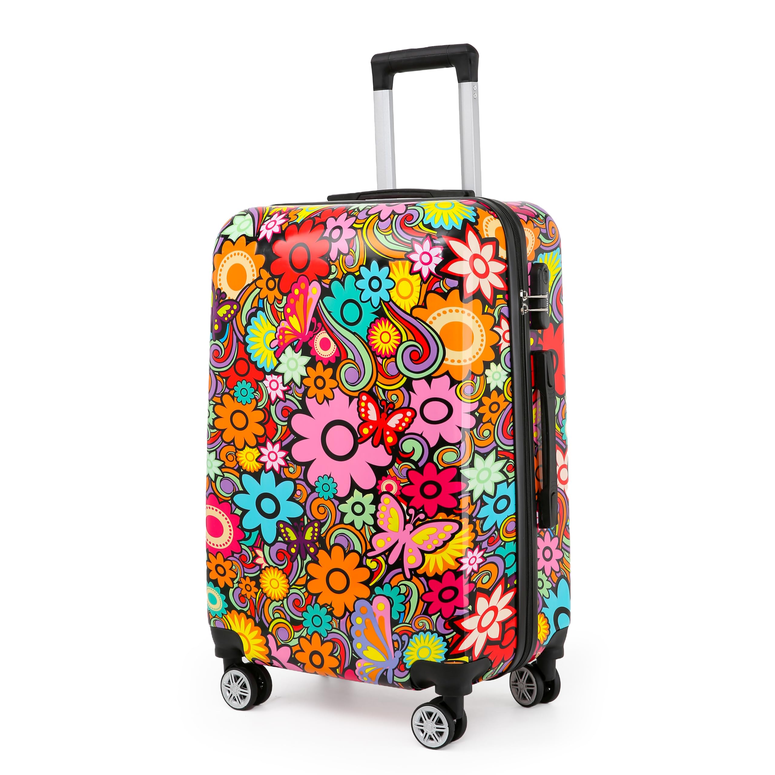 Infinity Leather Mittelgroßer Koffer „Flowers“, 61 cm, superleichtes Gepäck, 4 Räder, Spinner, 3-stelliges Zahlenschloss, Hartschalengepäck für 15 bis 20 kg