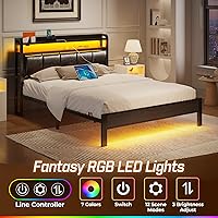 Vista 3 de Rolanstar Bed Frame Queen Size with Charging Station and LED Lights, PU Leather Headboard with Storage Shelves, Heavy Duty Metal Slats, No Box Black