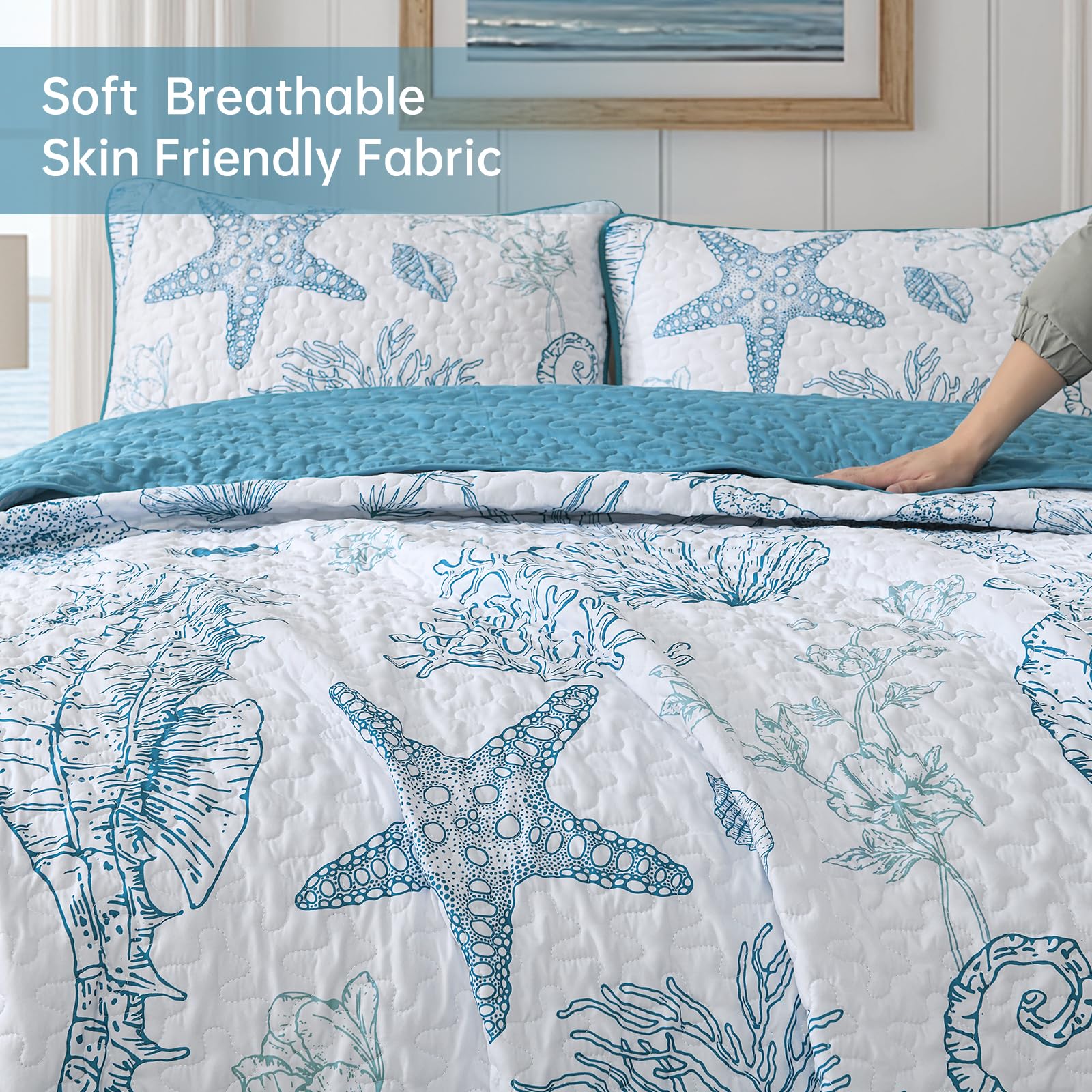 Dinjoy Coastal Quilts King - Blue Ocean Bedding -3