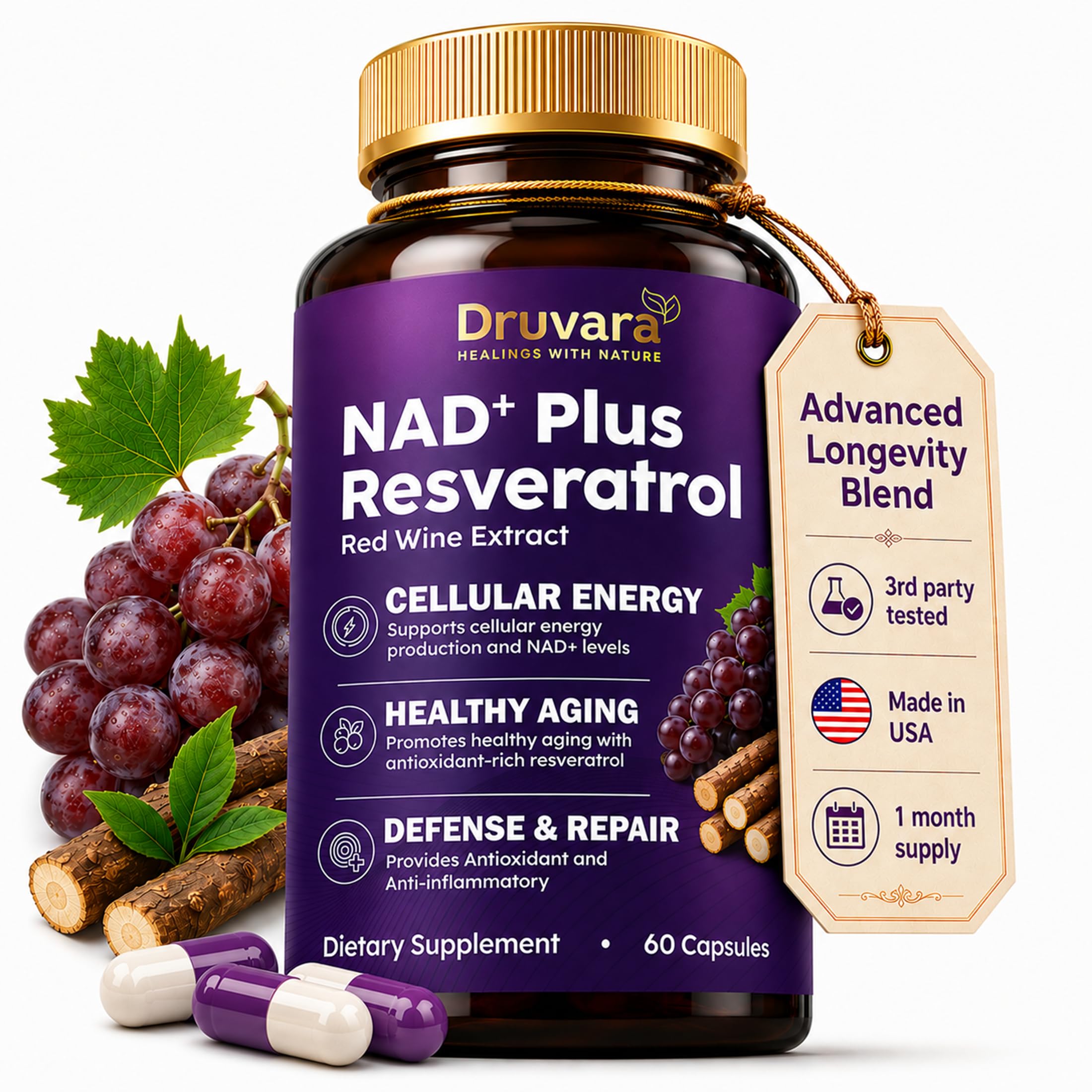NAD Resveratrol Supplement Capsules with Red Wine Extract, 60 Count