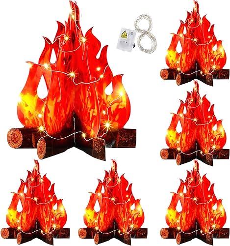 Tioncy 6 juegos de centros de mesa de fogata falsos LED 3D con luces LED para campamento, fiesta, decoración de Navidad, antorcha de llama (15.8