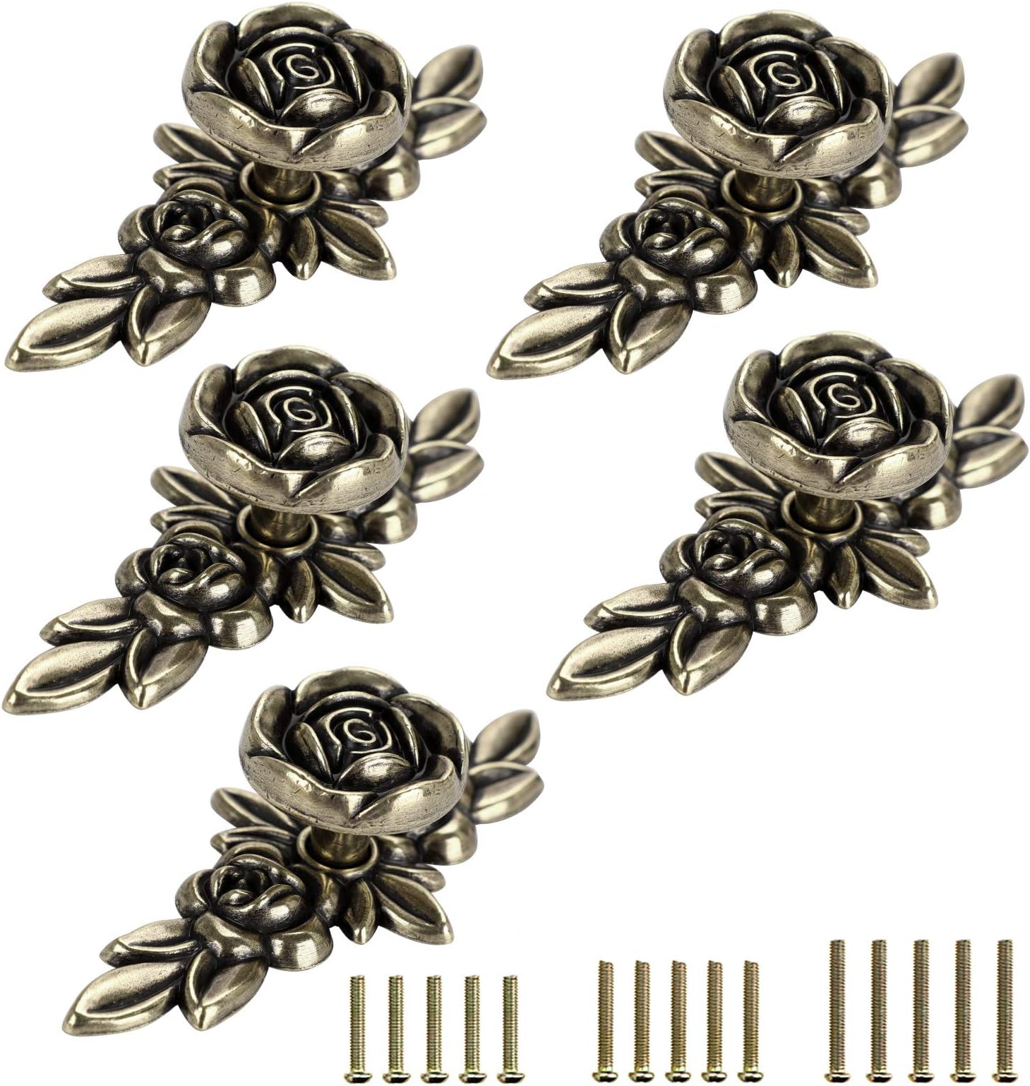 JUXYES Pack of 5 Euro Rose Decorative Cabinet Knobs with Plate, Floral Ivory Drawer Knob Cupboard Door Knobs, Ivory White Drawer Pulls Cabinet Handle Knobs for Dresser Cabinet