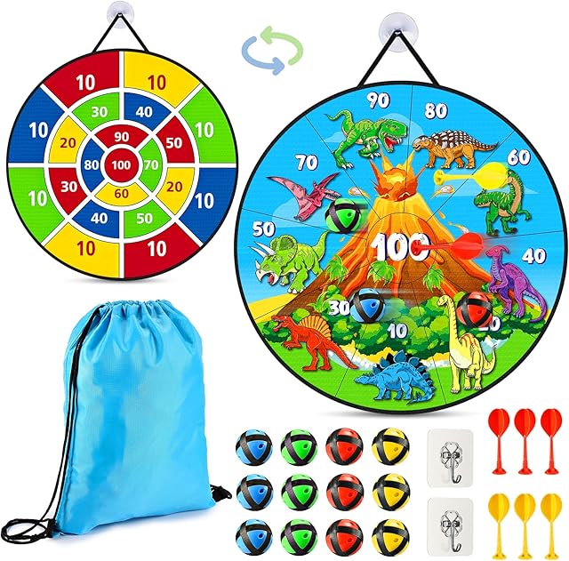 26" Double Sided Foldable Kids Dart Board Set, Dinosaur/Unicorn Theme with 12 Velcro Balls, 6 Darts and Storage Bag, Indoor Outdoor Party Games Toys Gifts for Boys Girls