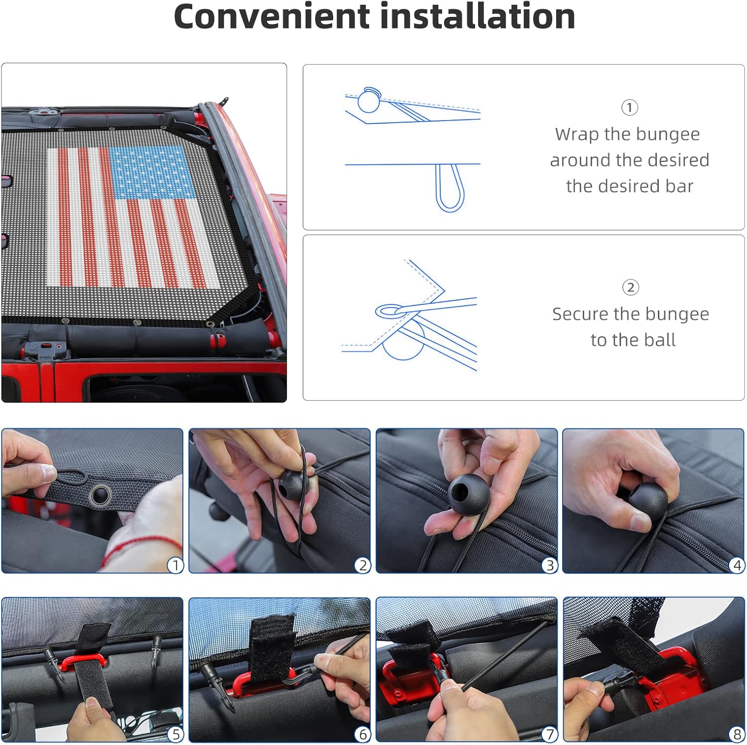RT-TCZ for Wrangler JK Sunshade Mesh Top Roof Shade for Jeep Wrangler JK JKU 4 Door 2007-2017 Black Red American Flag