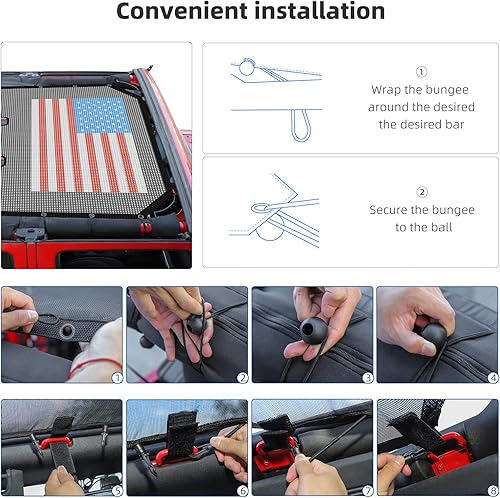 Miniatura 6 de RT-TCZ Parasol para Wrangler JK de malla superior para Jeep Wrangler JK JKU 4 puertas 2007-2017 bandera estadounidense negra y roja