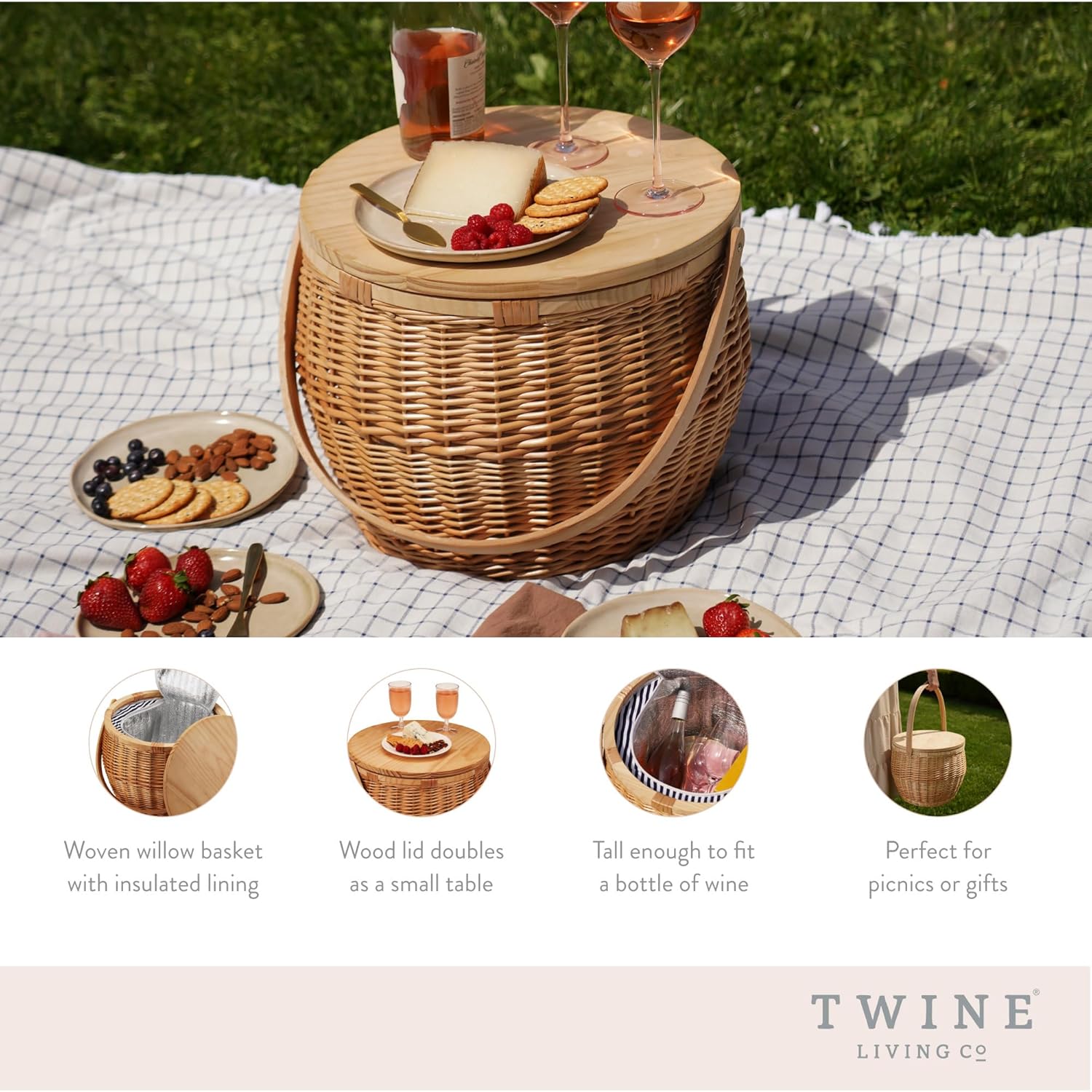 Twine Cask Willow Outdoor Picnic Basket with Lid and Handle, Insulated Picnic Basket, Wicker Basket with Picnic Equipment Set of 1