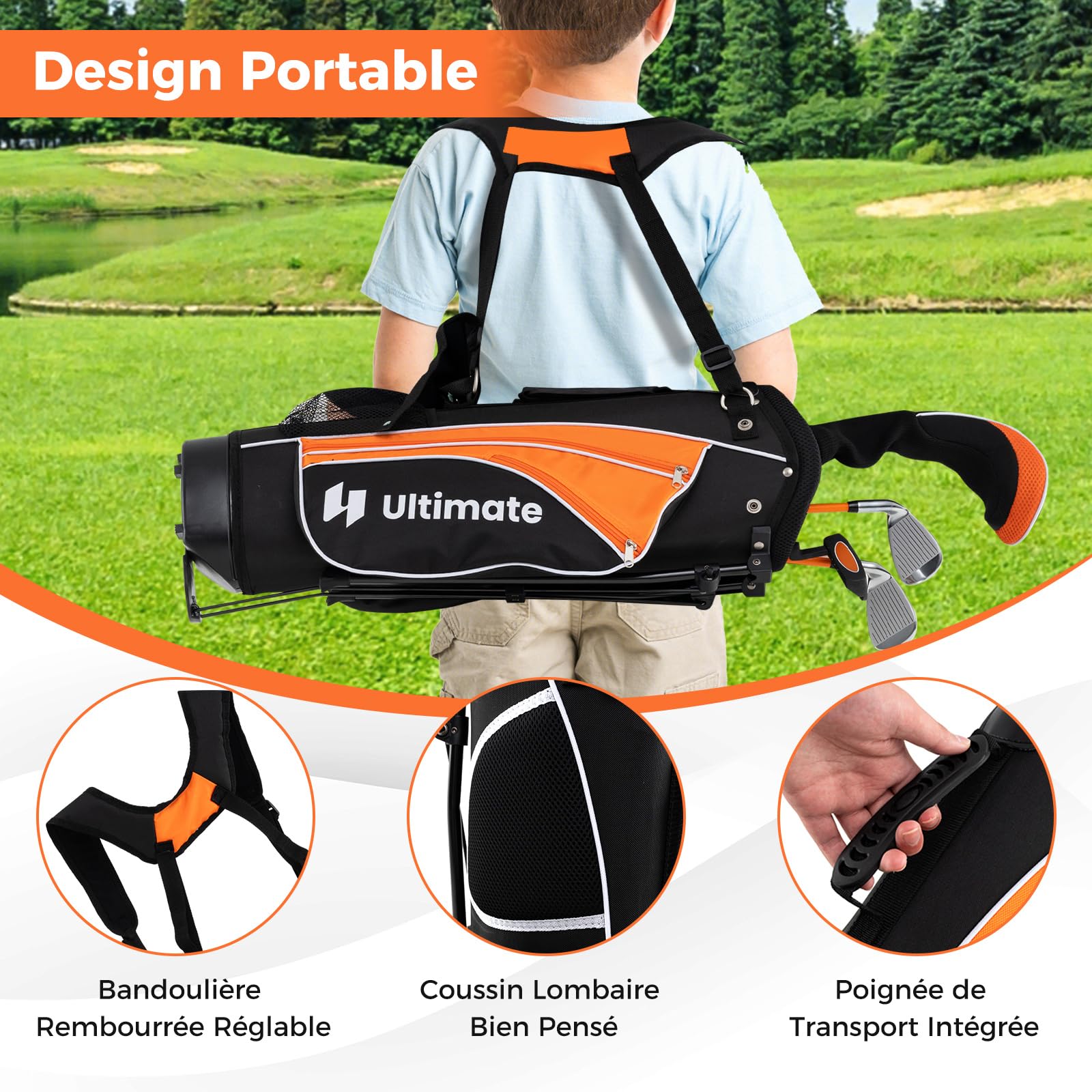 COSTWAY Ensemble de Golf Complet pour Enfants, avec 205CC #3 Fairway #7 & #9 Fers Putter Couvre-tête et Sac de Support & Protecteur de Pluie, pour Enfants