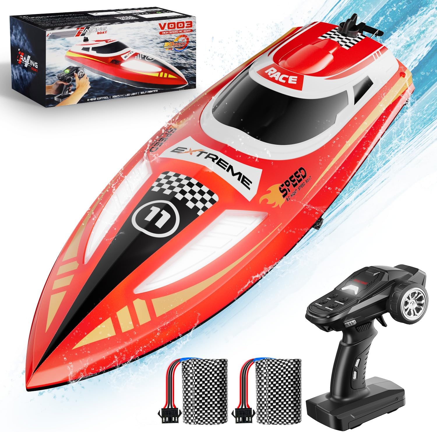 TOPCHOICRC Boat for Adults & Kids, 60Min, Remote Control Boat for Lake River & Pool with Cruise-Control 30KPH, Self-Righting, LED Light, One Key Demo, Fast Speed Racing Sailboat, 2 Batteries