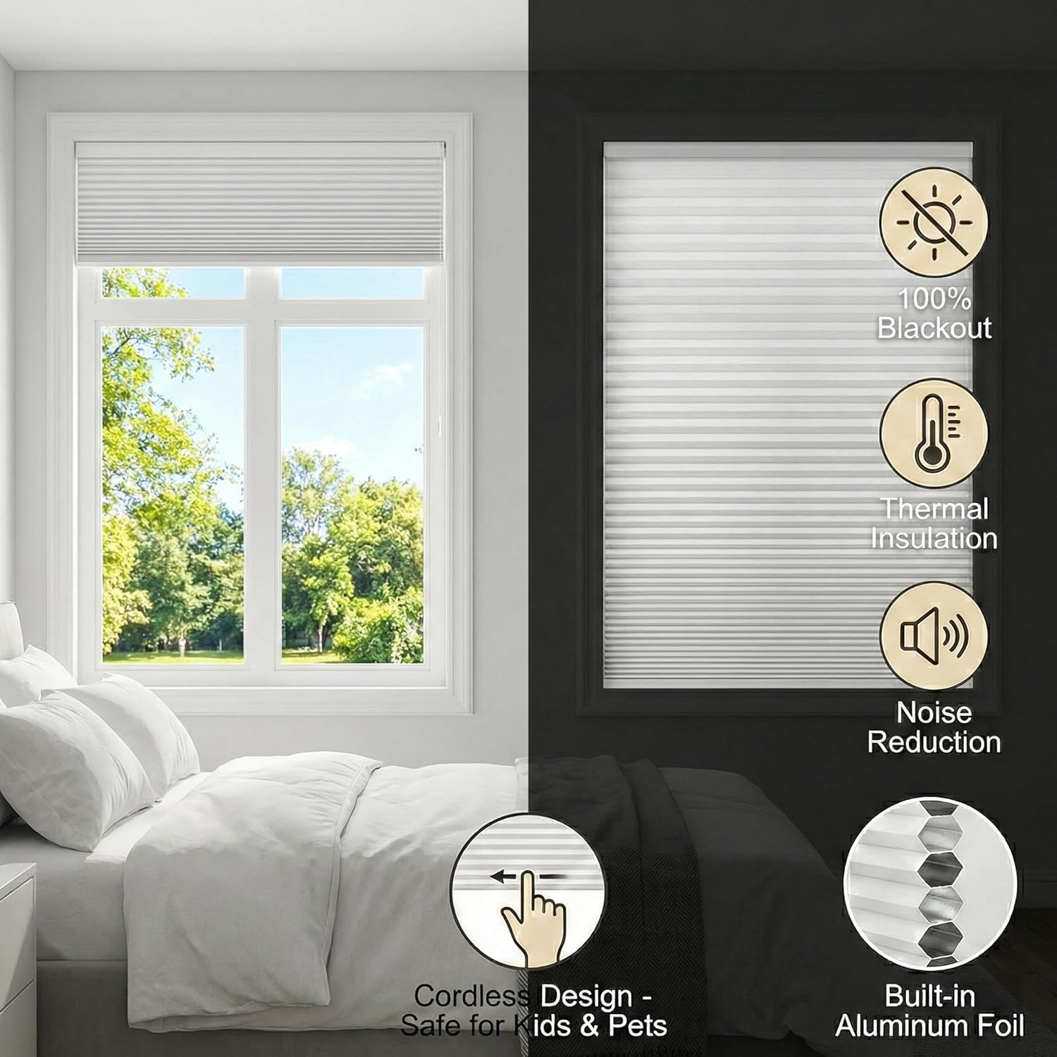 62" Width x 68" HBlackout Cellular Shades, Cell Shades Cordless Honecomb Blinds for Windows Privacy Window Shade for Bedroom, Kitchen. White