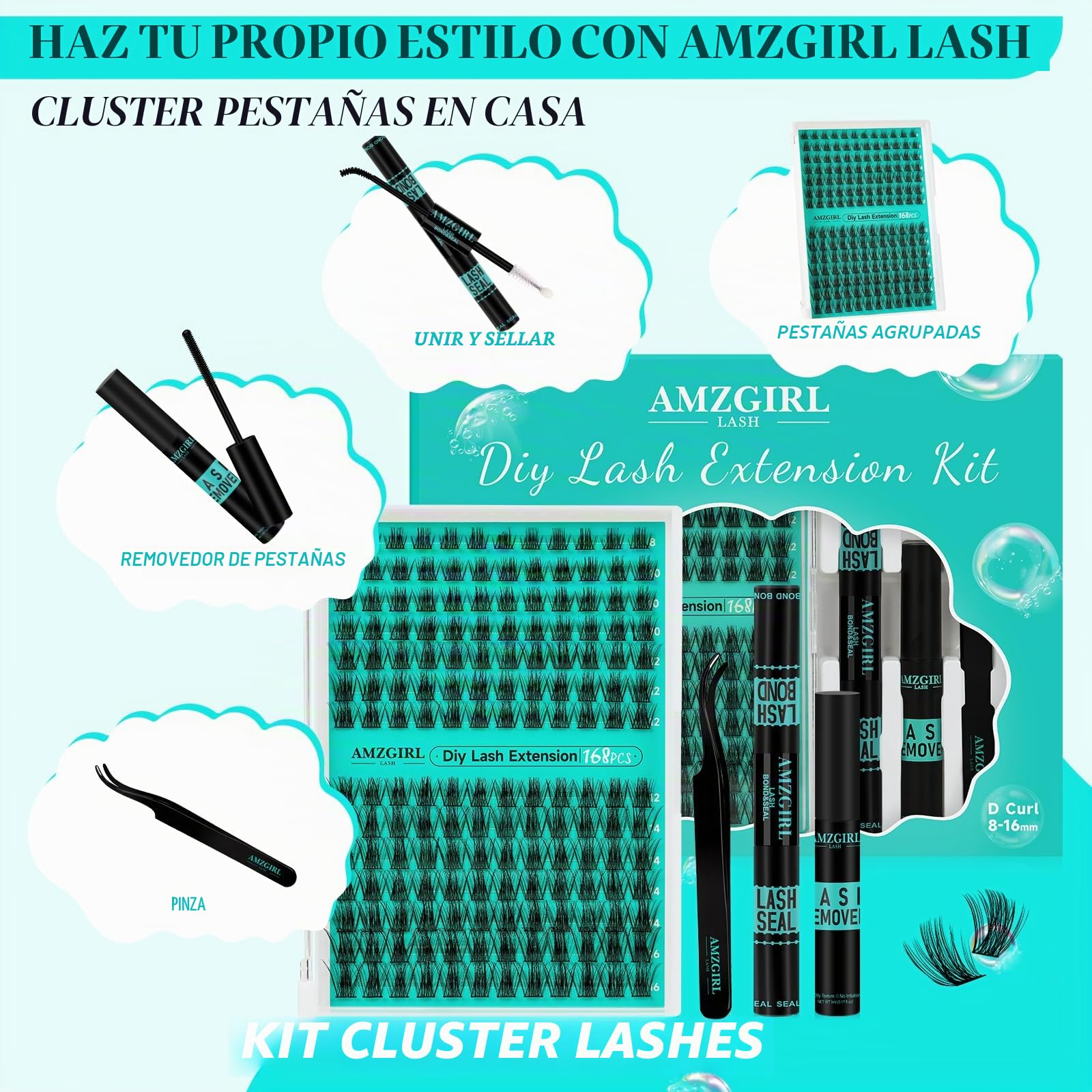 Kit de extensiones de pestañas, kit de racimos de pestañas DIY 168 piezas con pegamento y sellador de pestañas impermeable, removedor de pestañas para kit de extensiones (Medusa, kit D-Mix8-16mm)