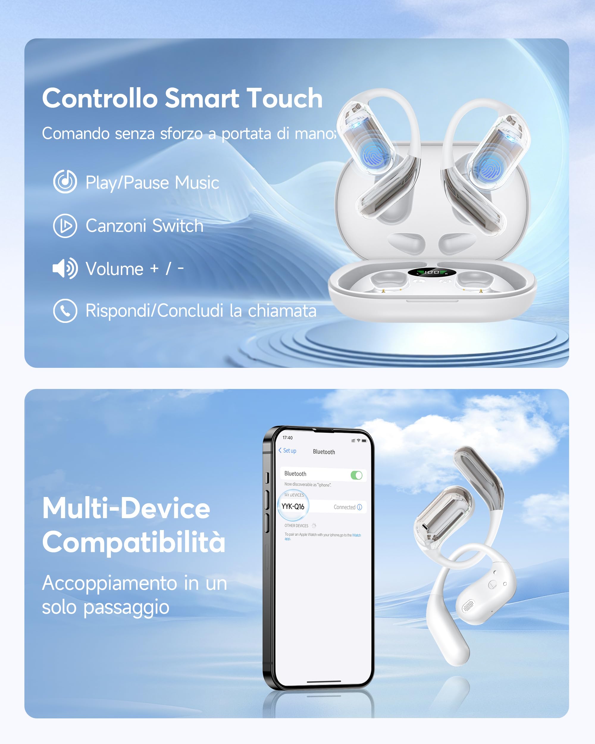 Cuffie Bluetooth Auricolari Bluetooth 5.4, Sport Cuffiette Wireless, Cuffie Open Ear 48 Ore di Riproduzione, Cuffie Senza Filo HiFi Stereo IP7 Impermeabili, Auricolare per iOS & Android, Bianco Avorio