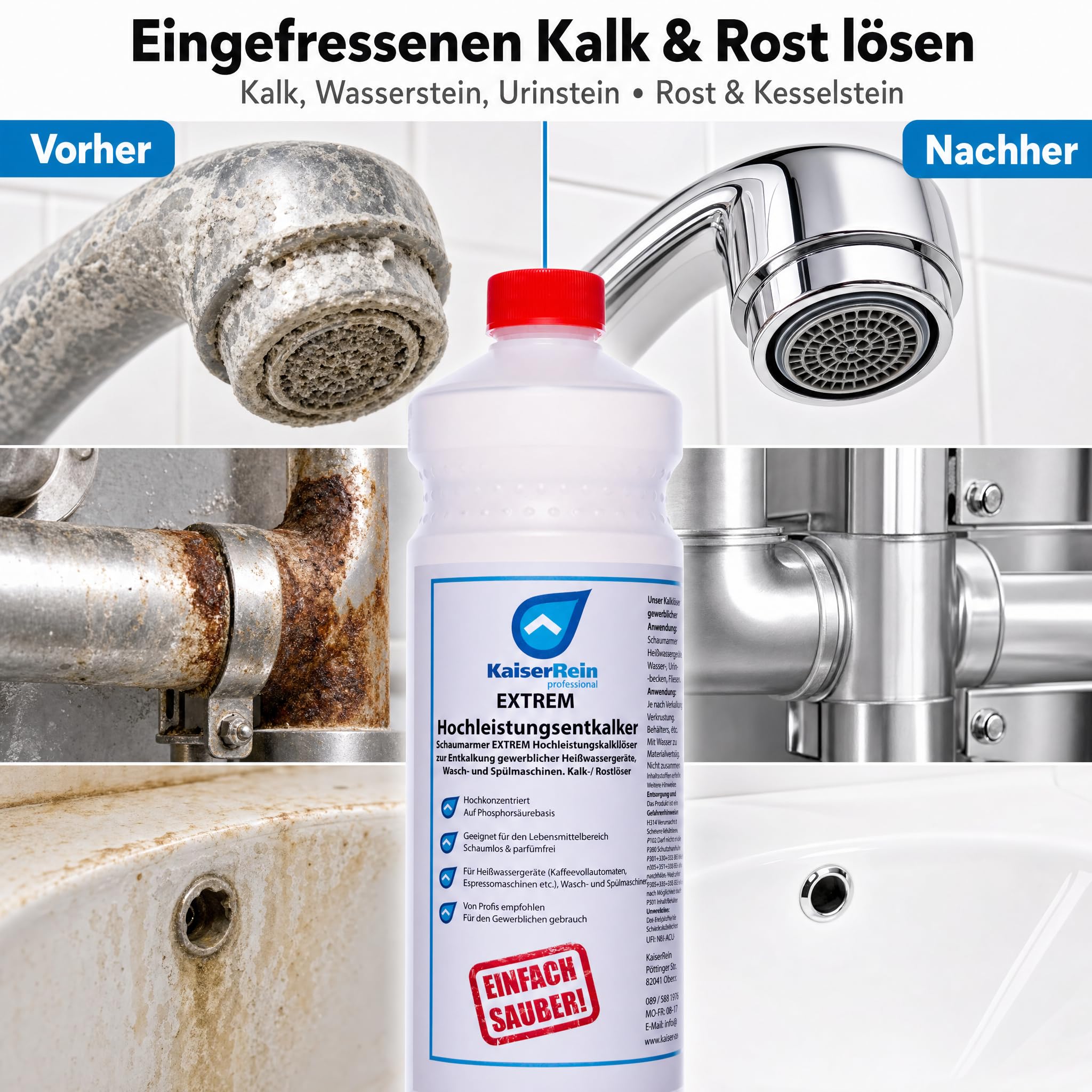 KaiserRein Profi Extrem Hochleistungsentkalker/Rostlöser flüssig 12x1L Kalklöser für Kaffeevollautomaten Entkalker Heißwassergeräte gegen Kalk, Urinstein, Wasserstein, Kesselstein und Rost