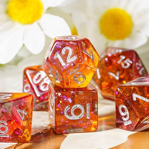 Miniatura 3 de DND - Juego de dados poliédricos de 7 piezas, relleno D&D con papel de aluminio colorido para juegos de rol y juegos de mesa (naranja y rojo)