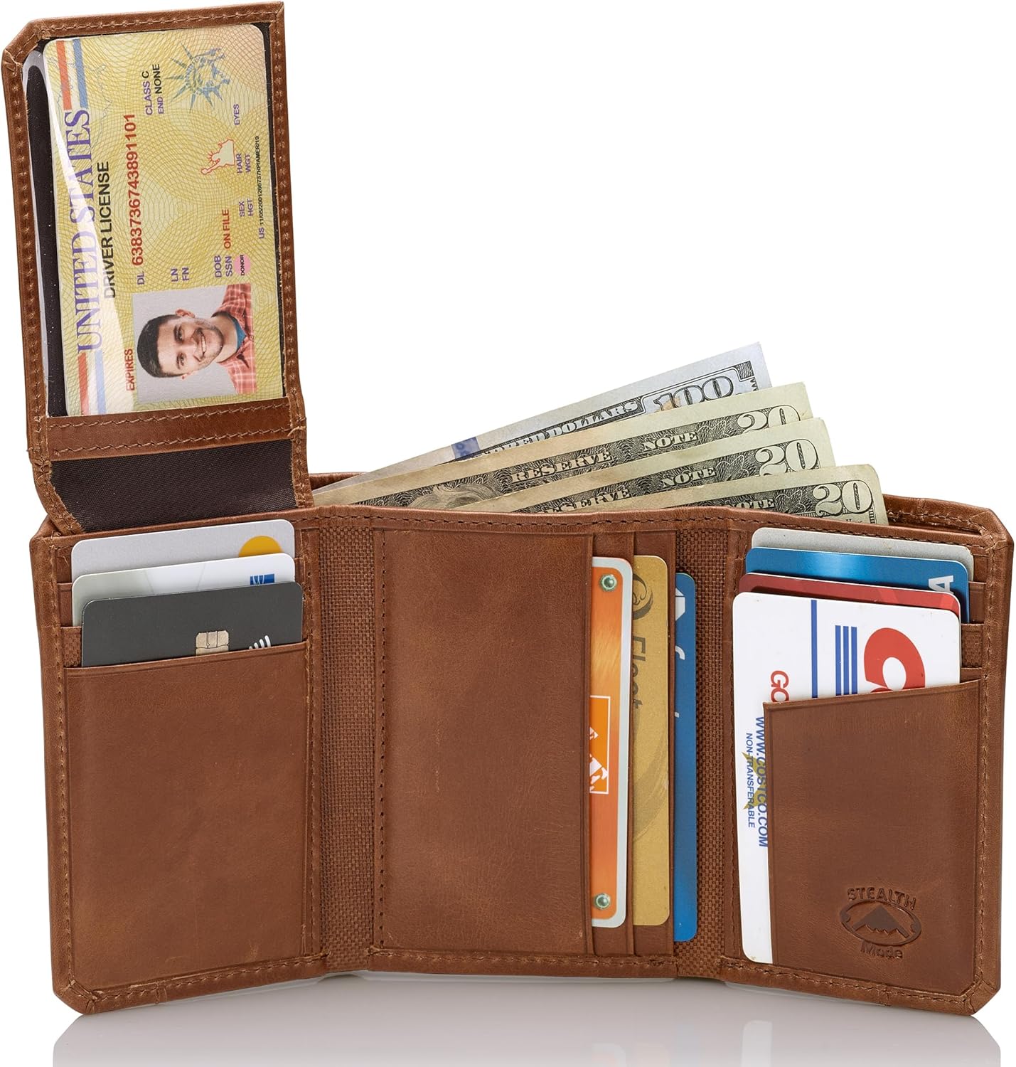 Stealth Mode RFID Blocking Leather Trifold Wallet for Men – Mens Trifold Leather Wallet with Flip Up ID Window, 11 Card Slots, Hidden Pockets, Divided Billfold – Gift Box Included (Brown Crunch)